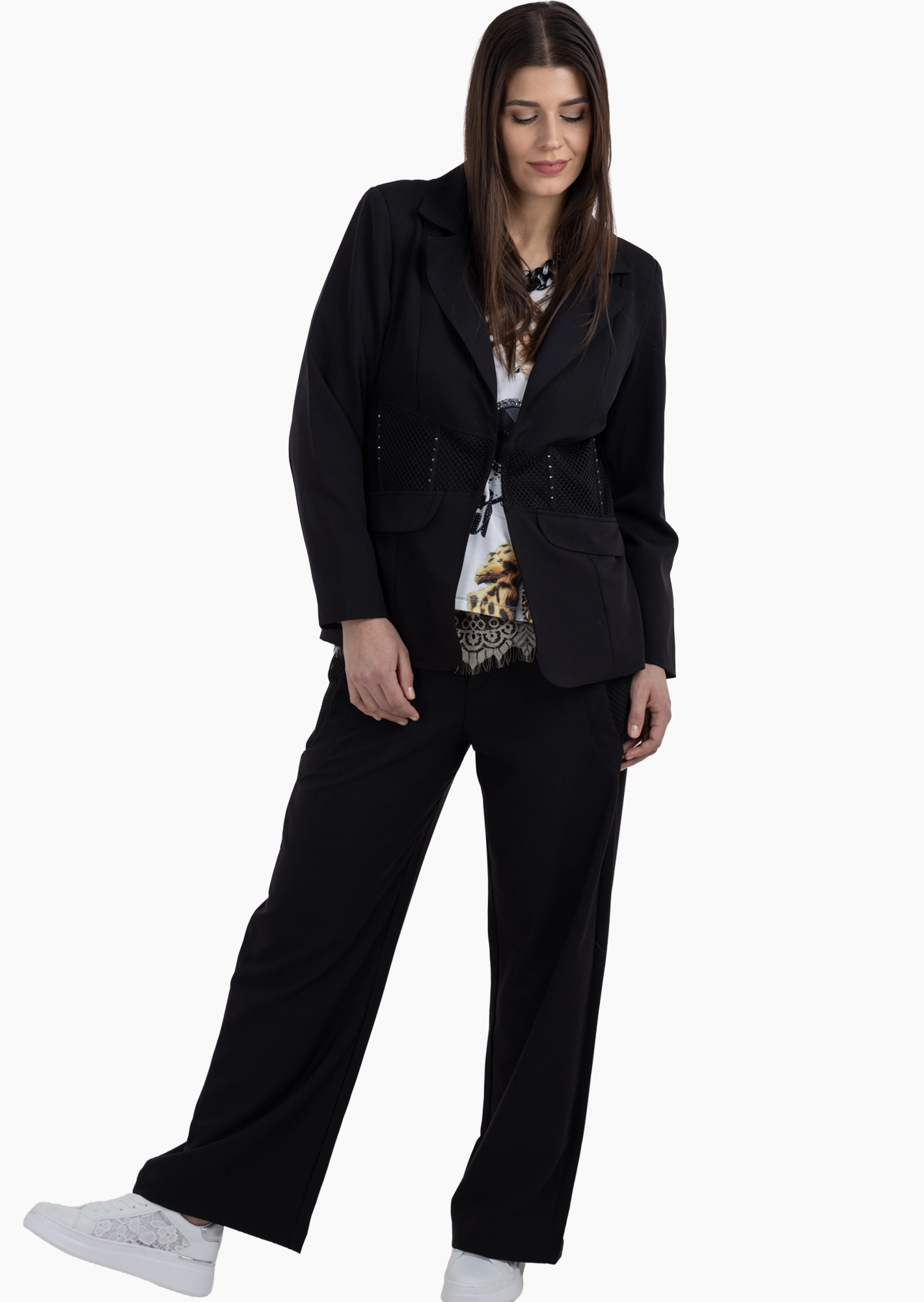 Wide Leg Hose mit Mesh, schwarz