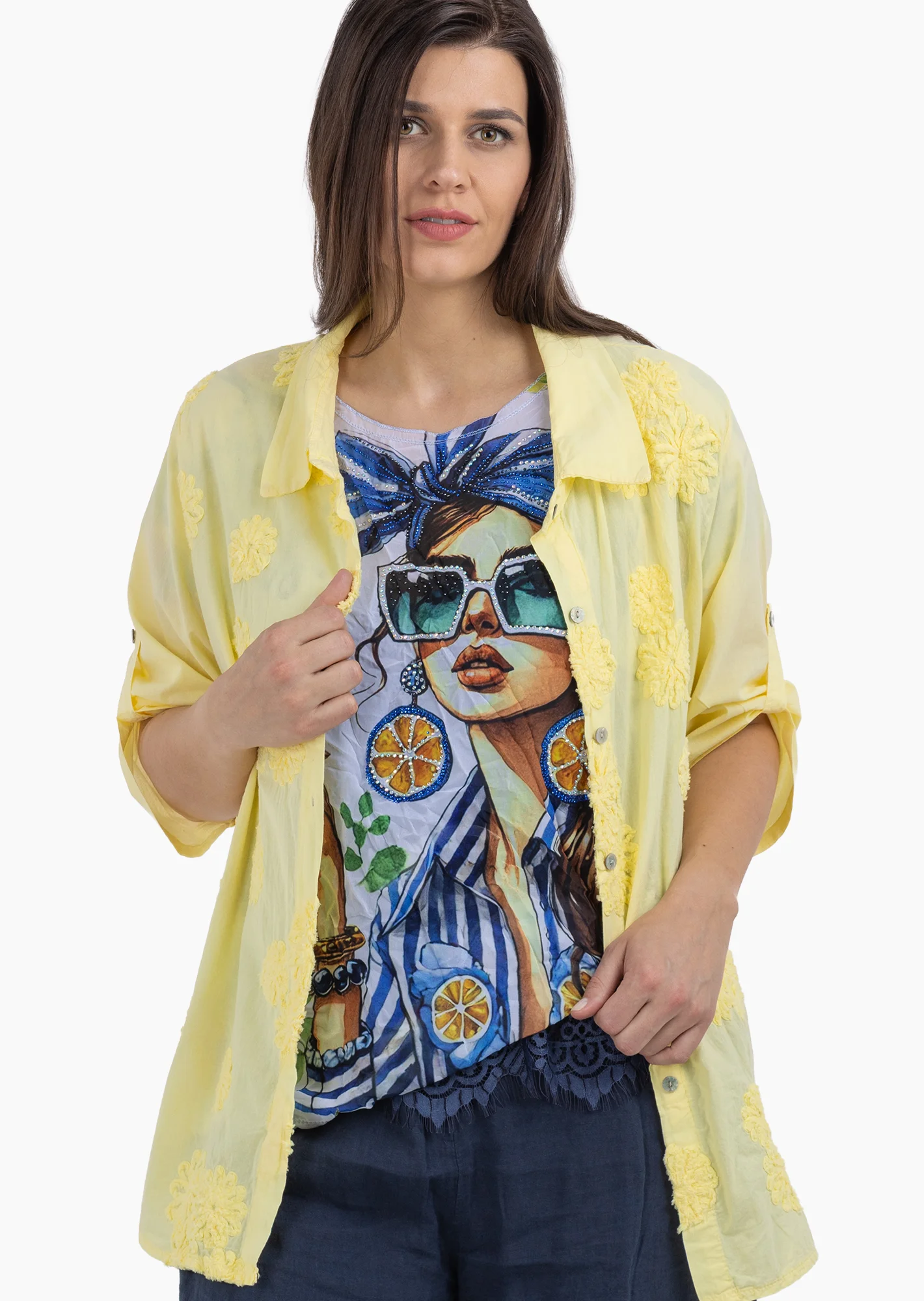 Bluse Blumenpatches, butter yellow