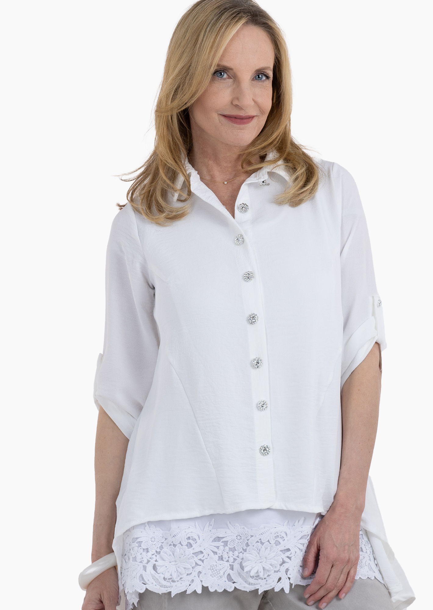 leichte Bluse mit Häkelkragen, offwhite