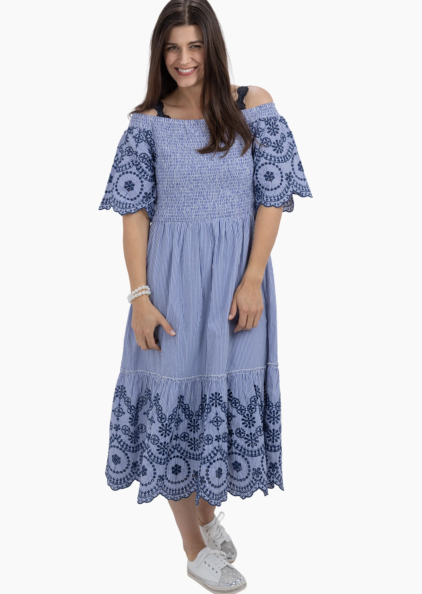 gestreiftes Kleid mit Stickerei, blau-weiß