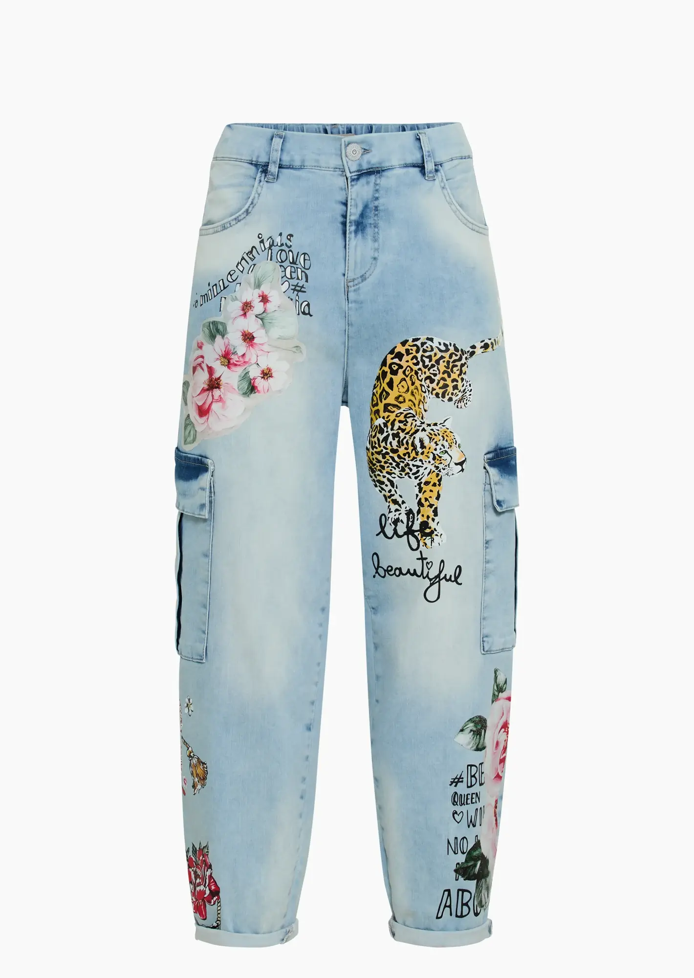 Jeans im Cargostyle mit Leopardenprint, light blue denim