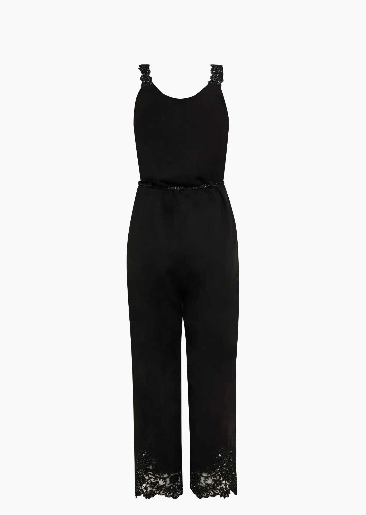 Jumpsuit im Leinenmix mit Spitze, schwarz