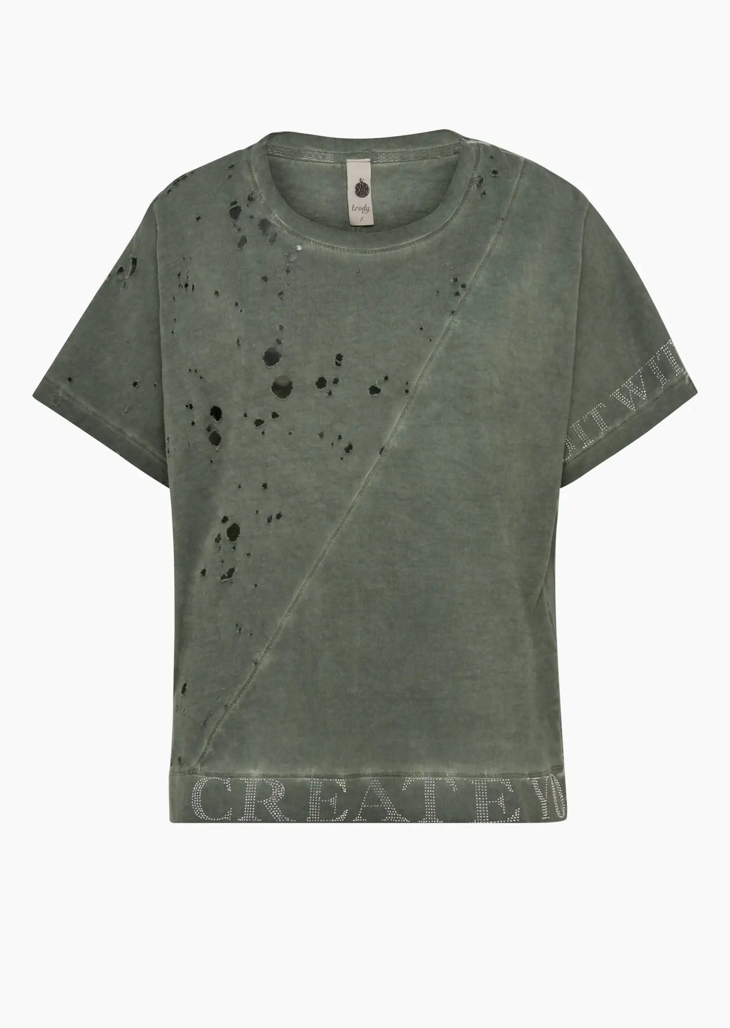 T-Shirt mit Lochoptik & Ziersteinen, khaki