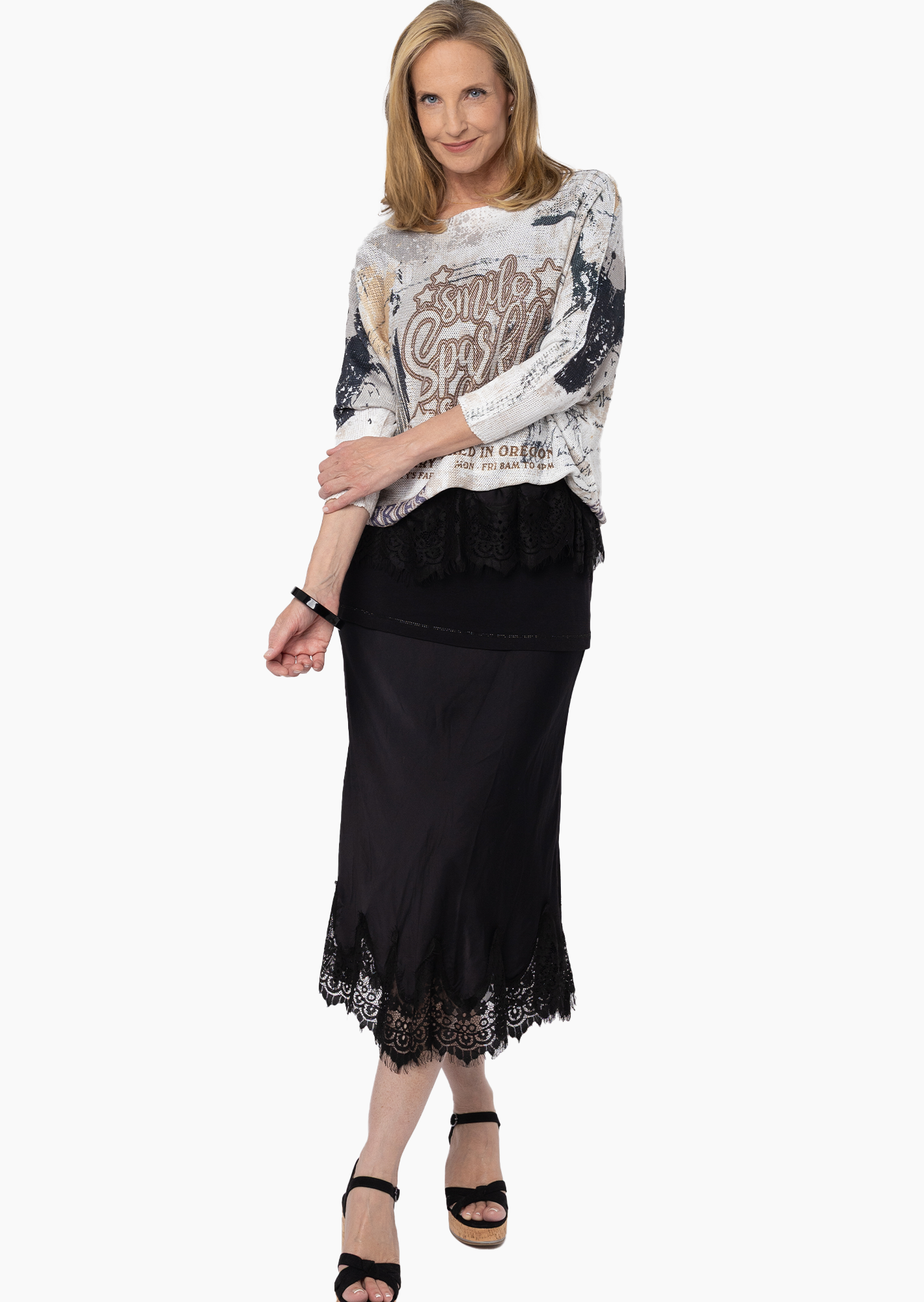 Rock aus Viskose-Satin mit Spitze, schwarz