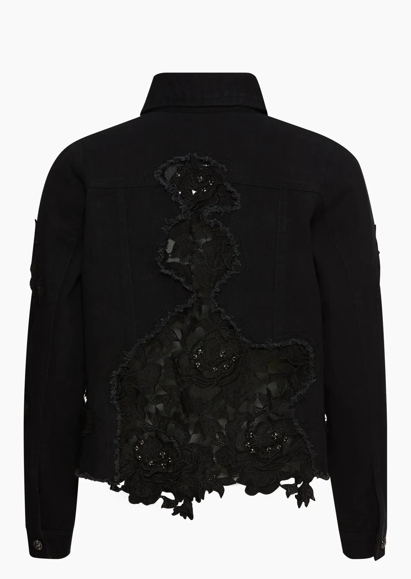 Jeansjacke mit Patches aus Stickerei & Ziersteinen, schwarz
