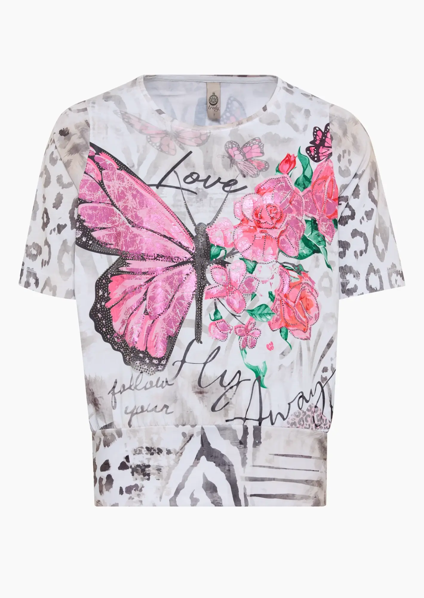 Kurzarmshirt mit breitem Saum und Schmetterlingsmotiv, bunt