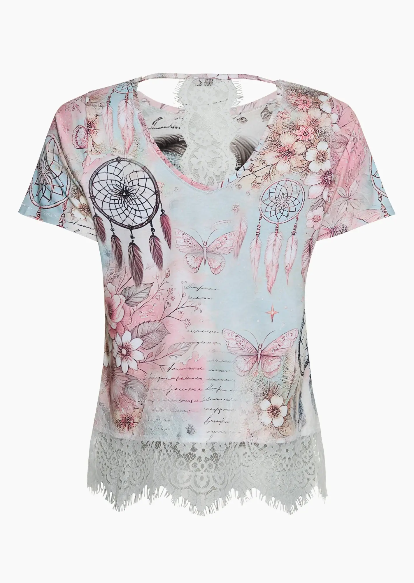 Shirt mit Ziersteinen & Spitze, rosenholz