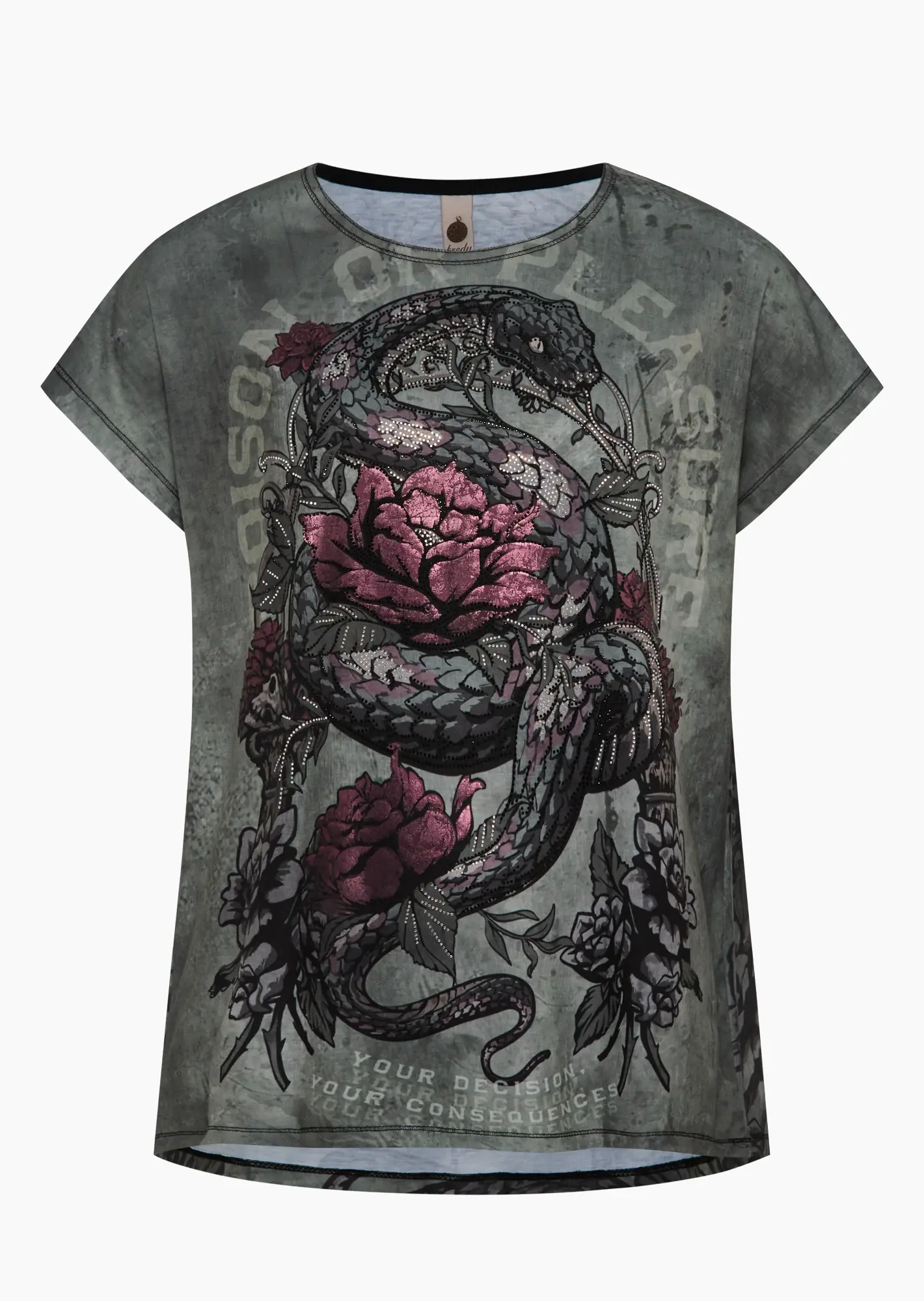 Shirt mit Animalprint & Ziersteinen, khaki