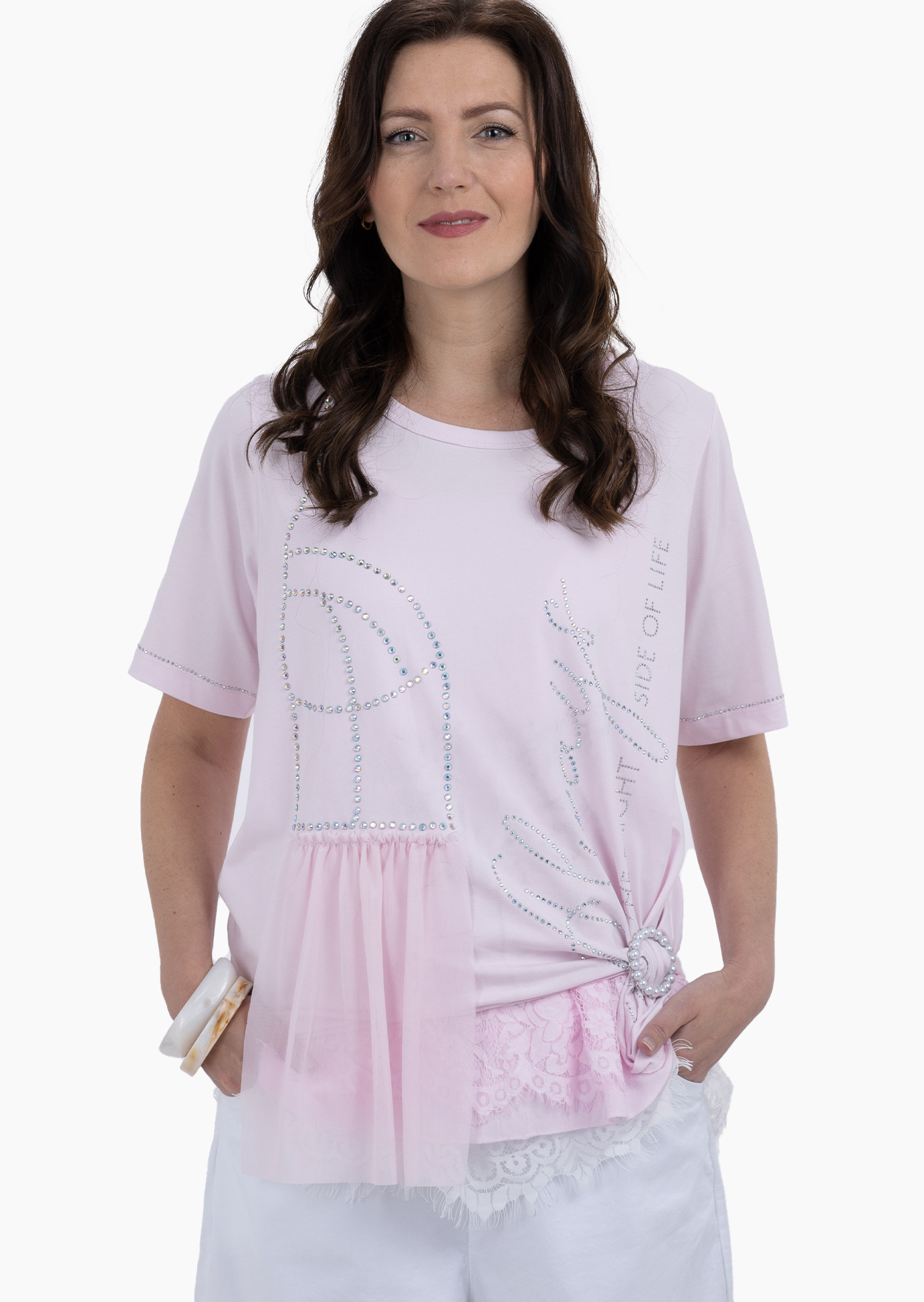 Statementshirt mit Ziersteinbesatz, mandelblüte