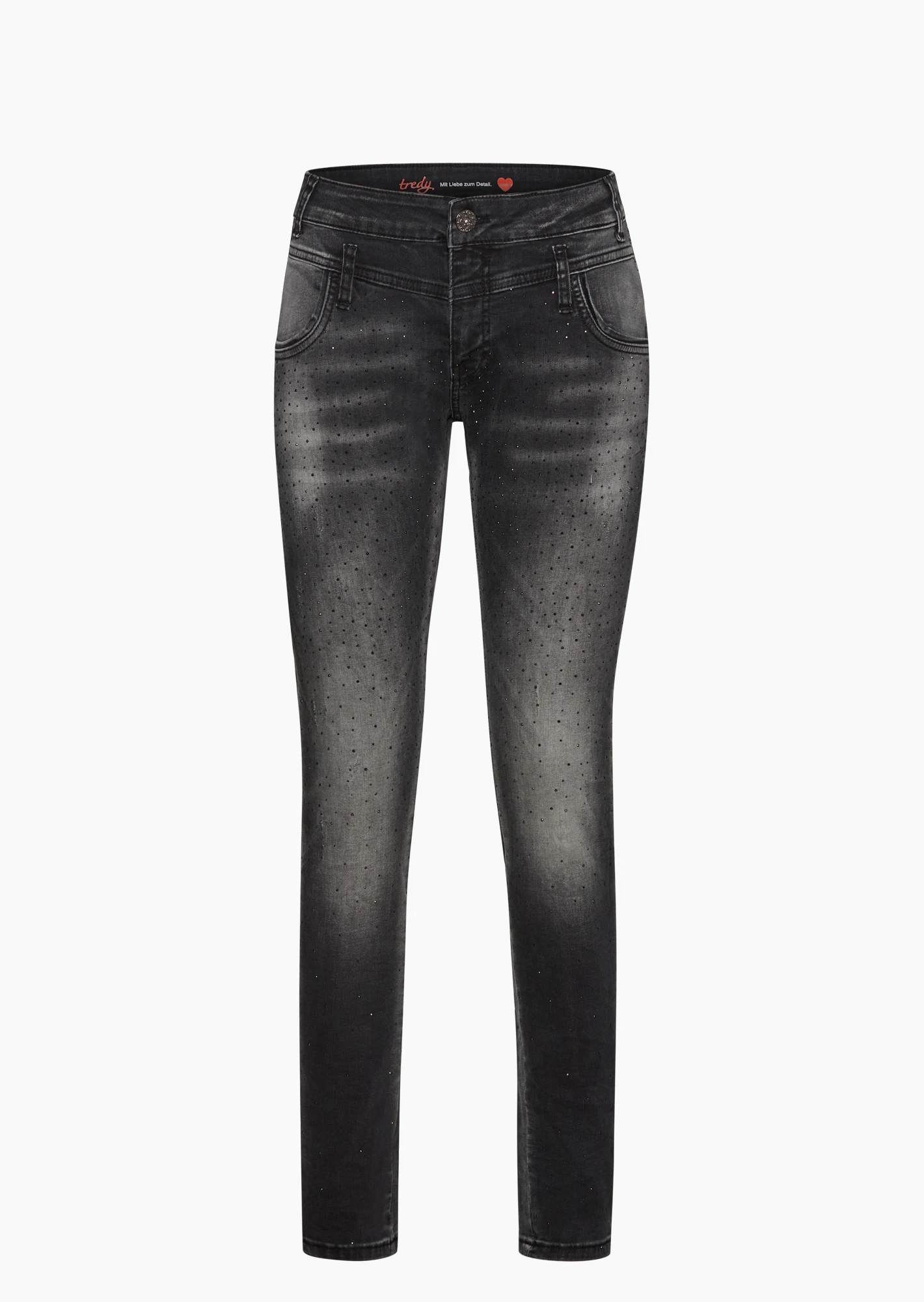 Doppelbundjeans mit Ziersteinen kurz, black denim