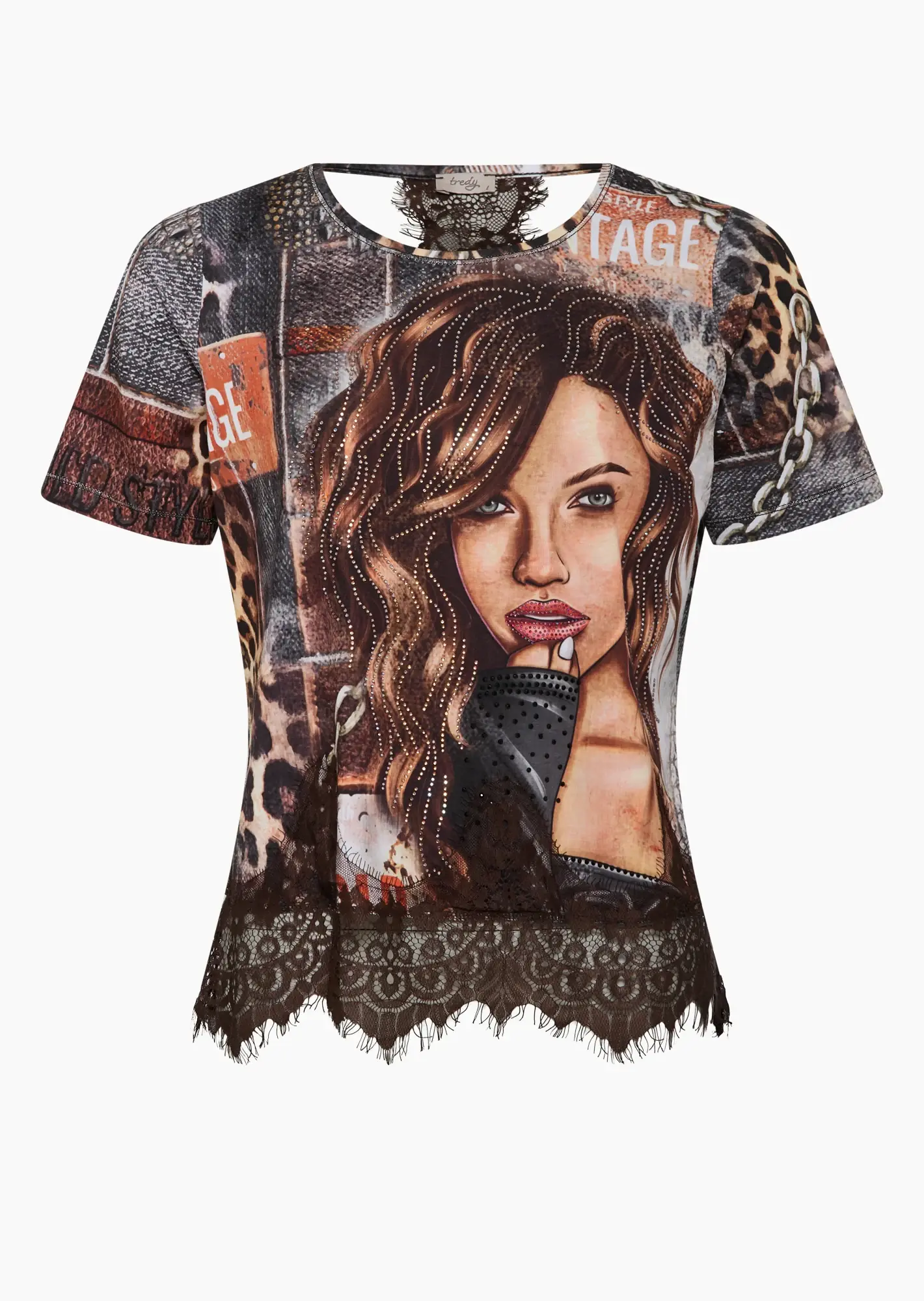 Shirt mit dekorativer Spitze im Nacken, bunt