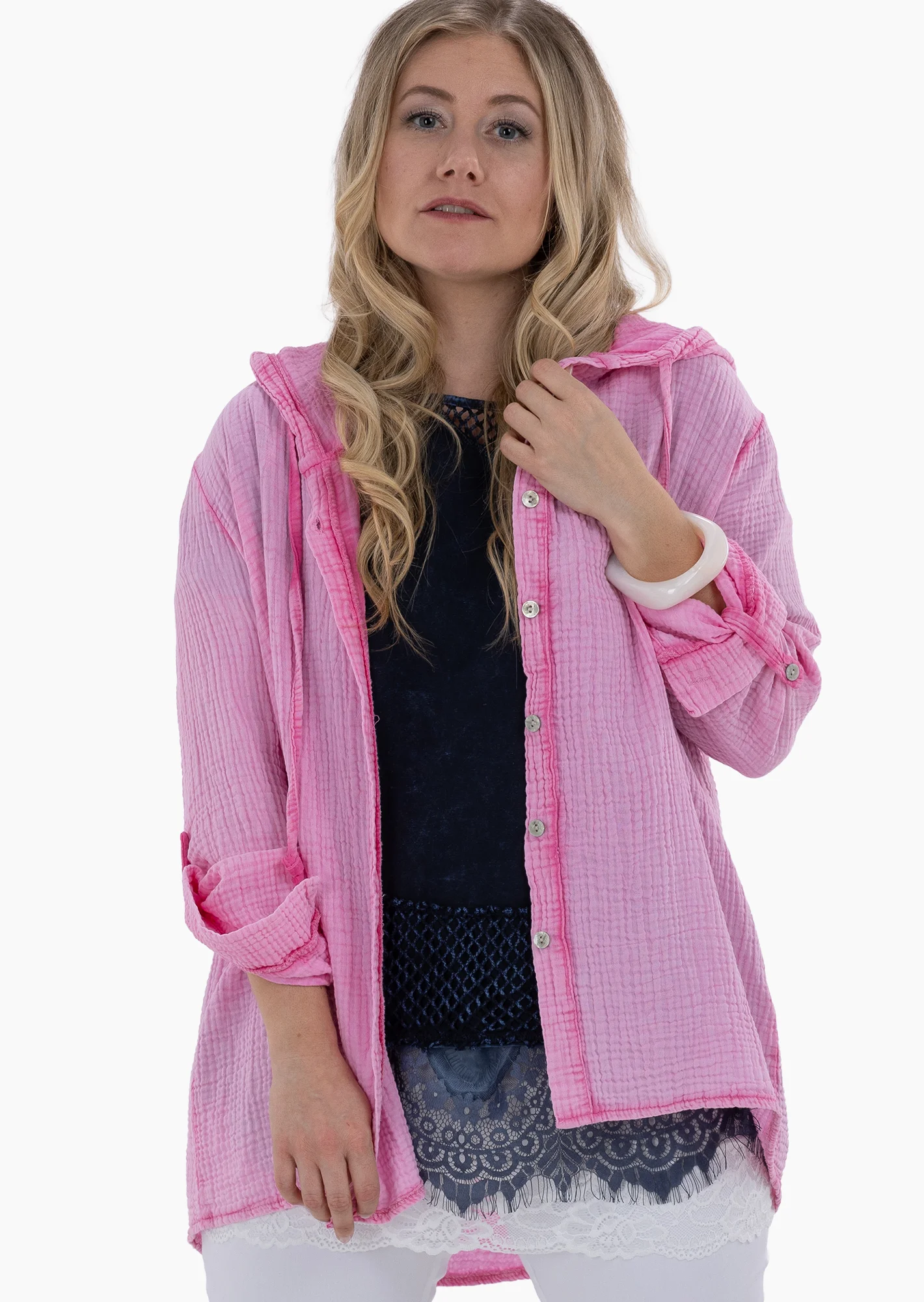Musselin-Bluse mit Kapuze, mandelblüte