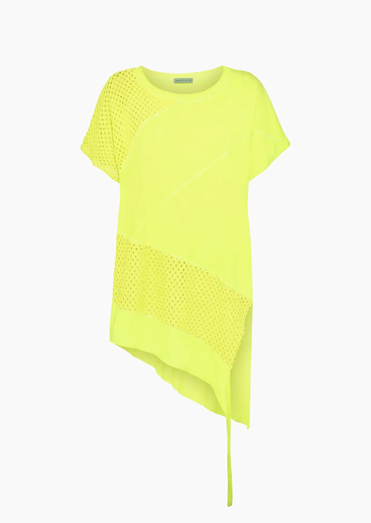 asymmetrisches Baumwoll-Shirt mit Häkeldetails, neongelb