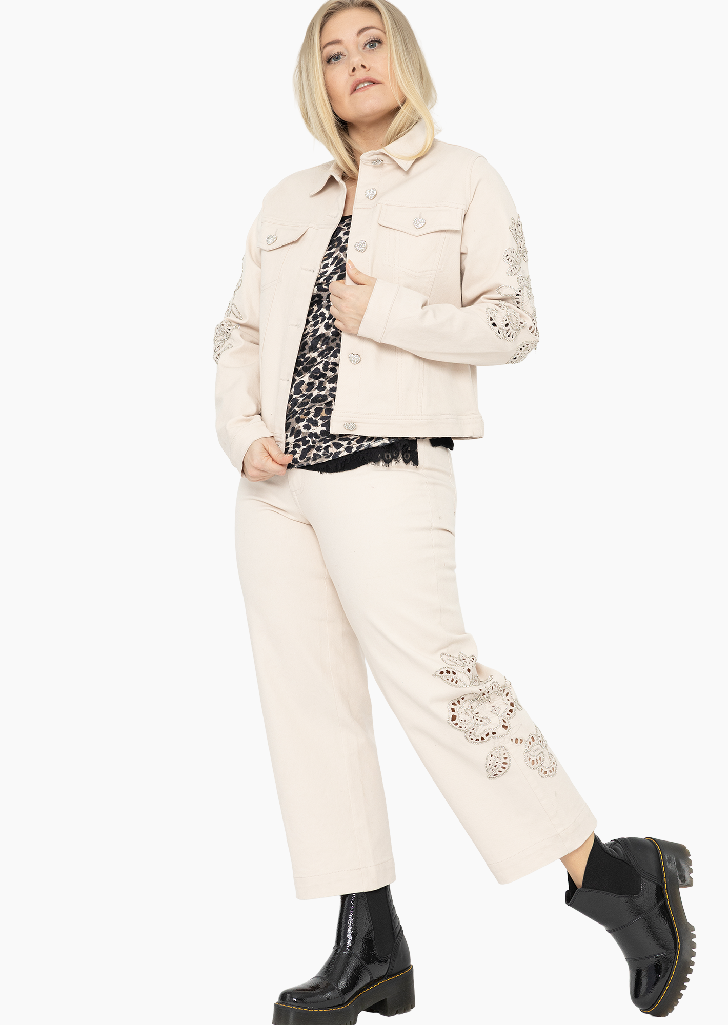 Wide Leg mit Lochstickerei, crema