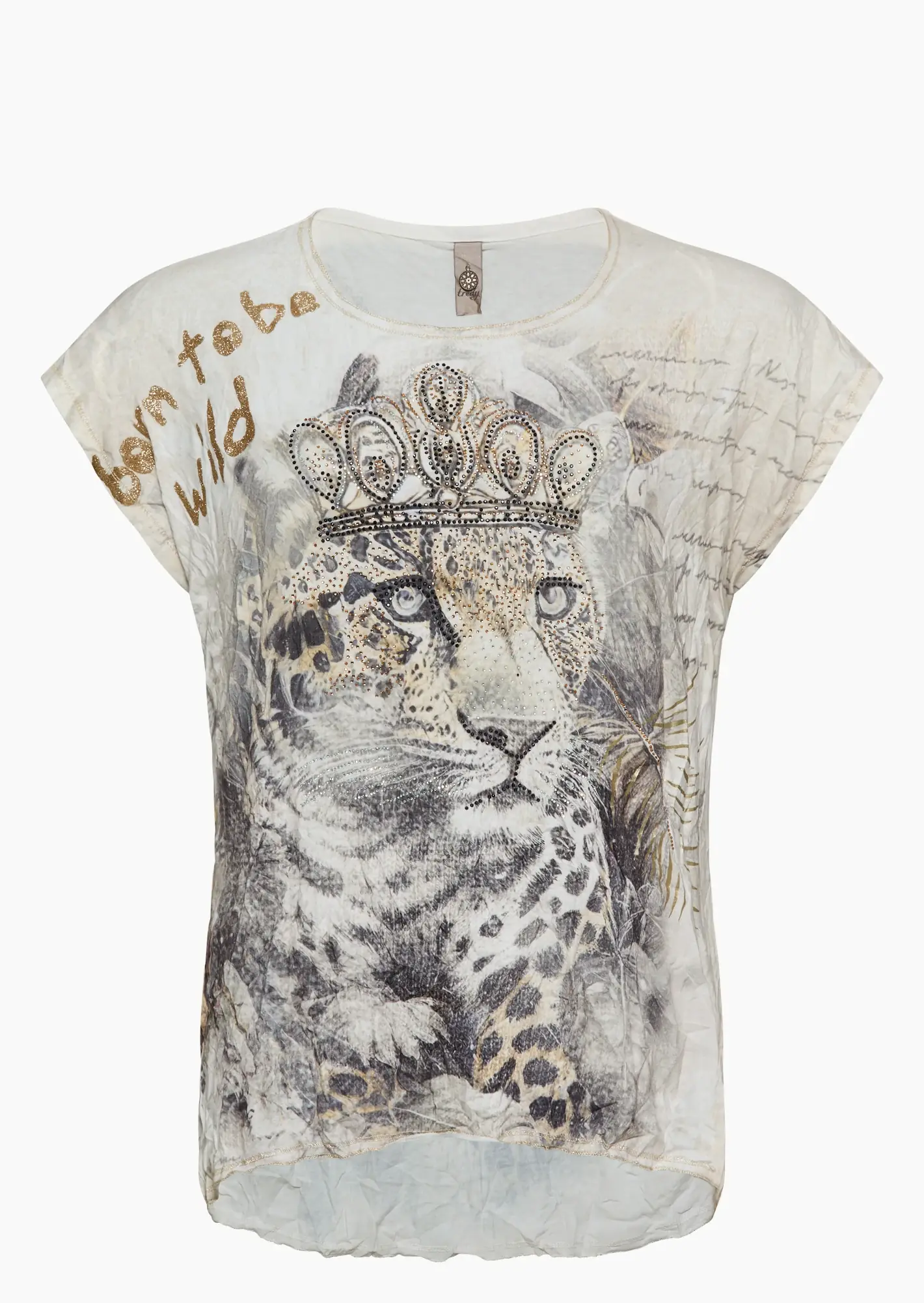 Shirt mit Leoprint & Ziersteinen, crema