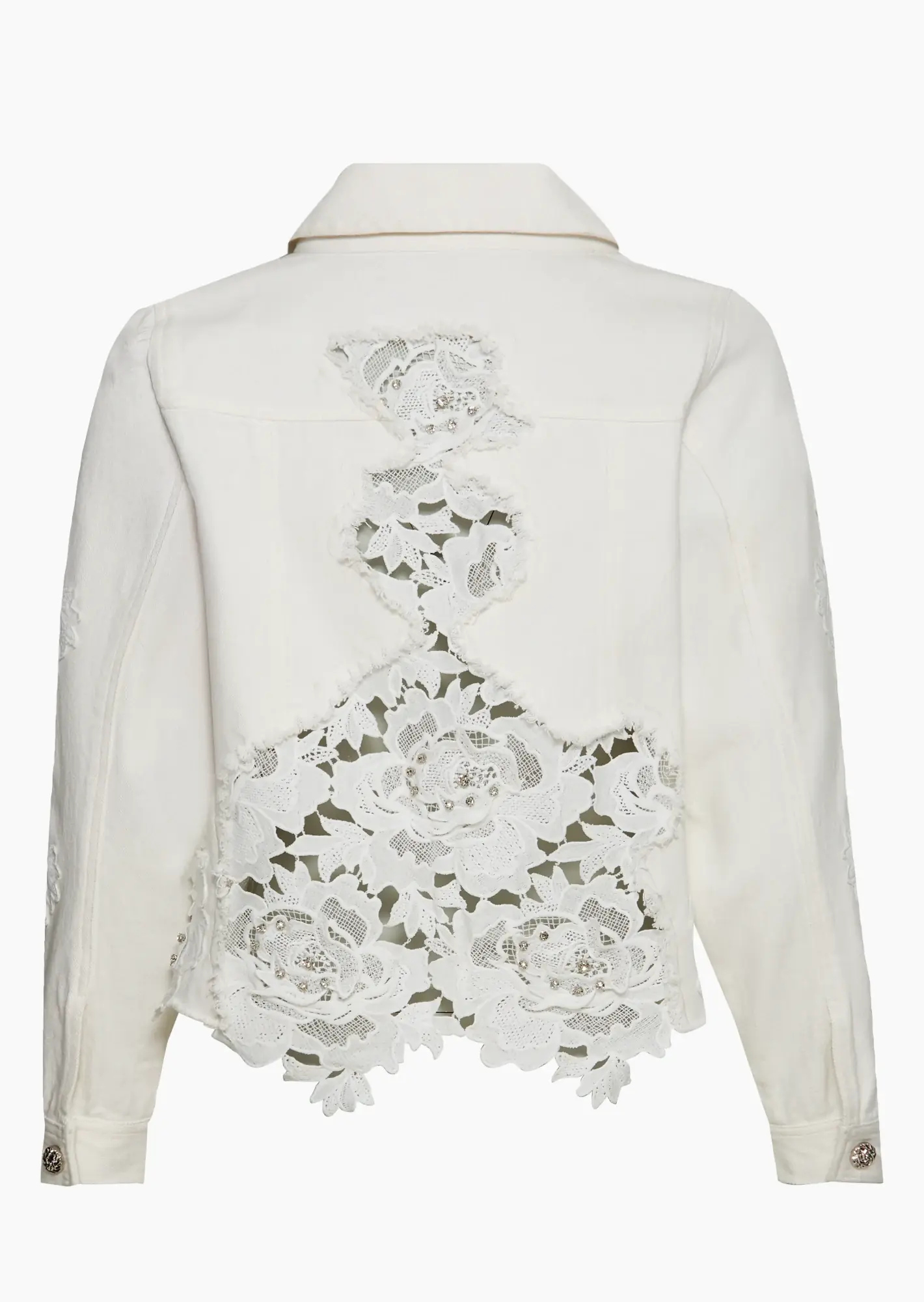 Jeansjacke mit Patches aus Stickerei & Ziersteinen, offwhite