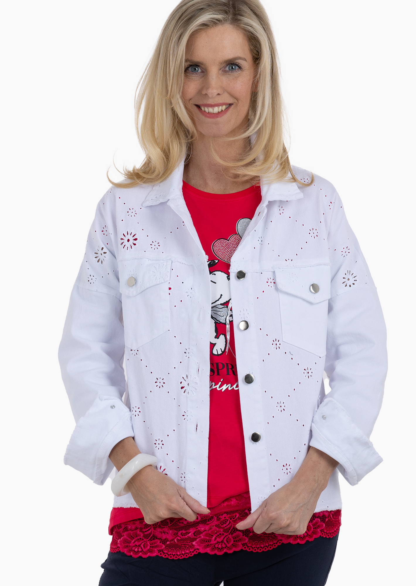 Jeansjacke mit Lochstickerei, weiß