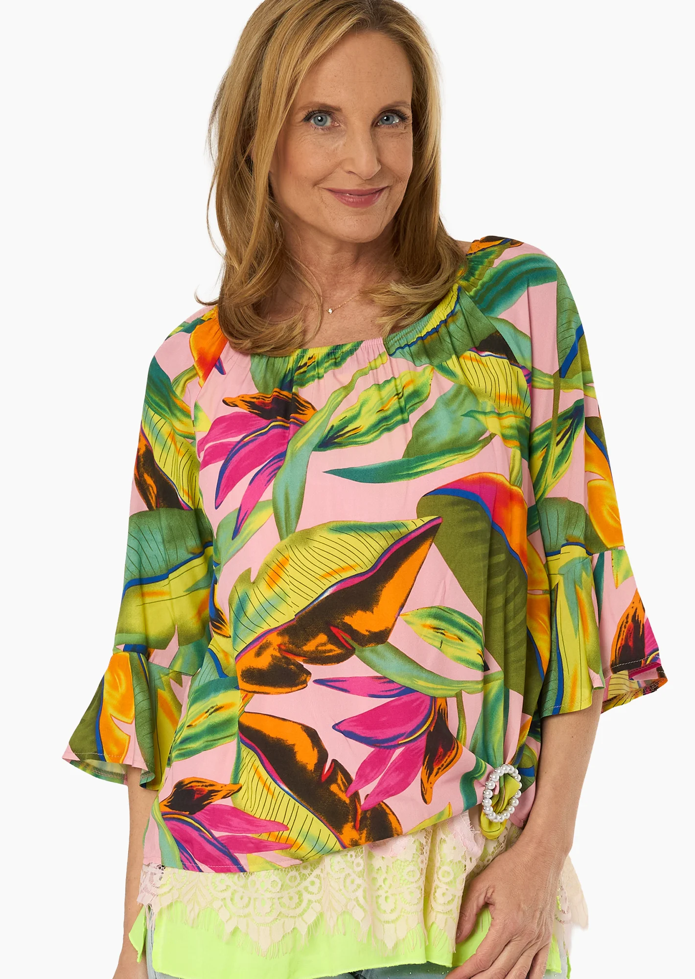 Bluse mit farbenfrohem Print & Volant, bunt