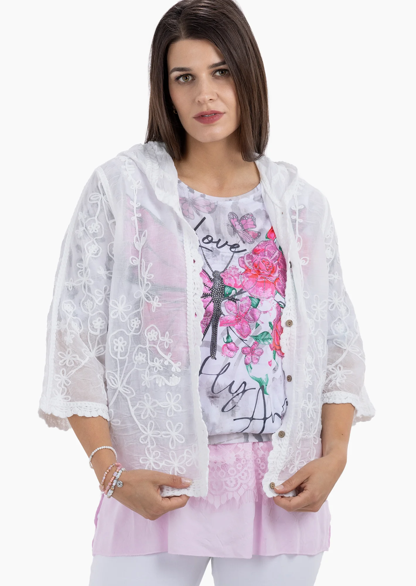 Bluse mit floraler Stickerei, weiss