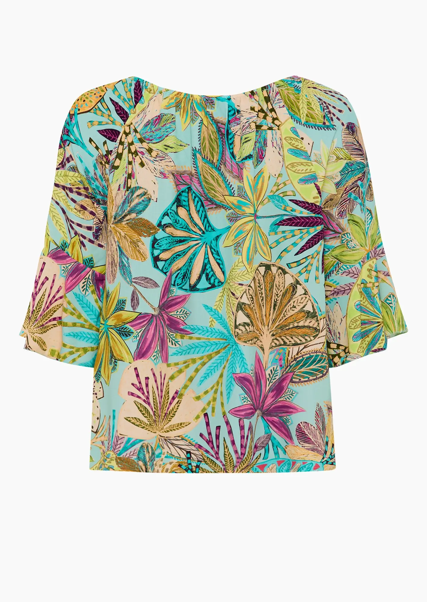 Bluse im Alloverprint mit Volant, türkis