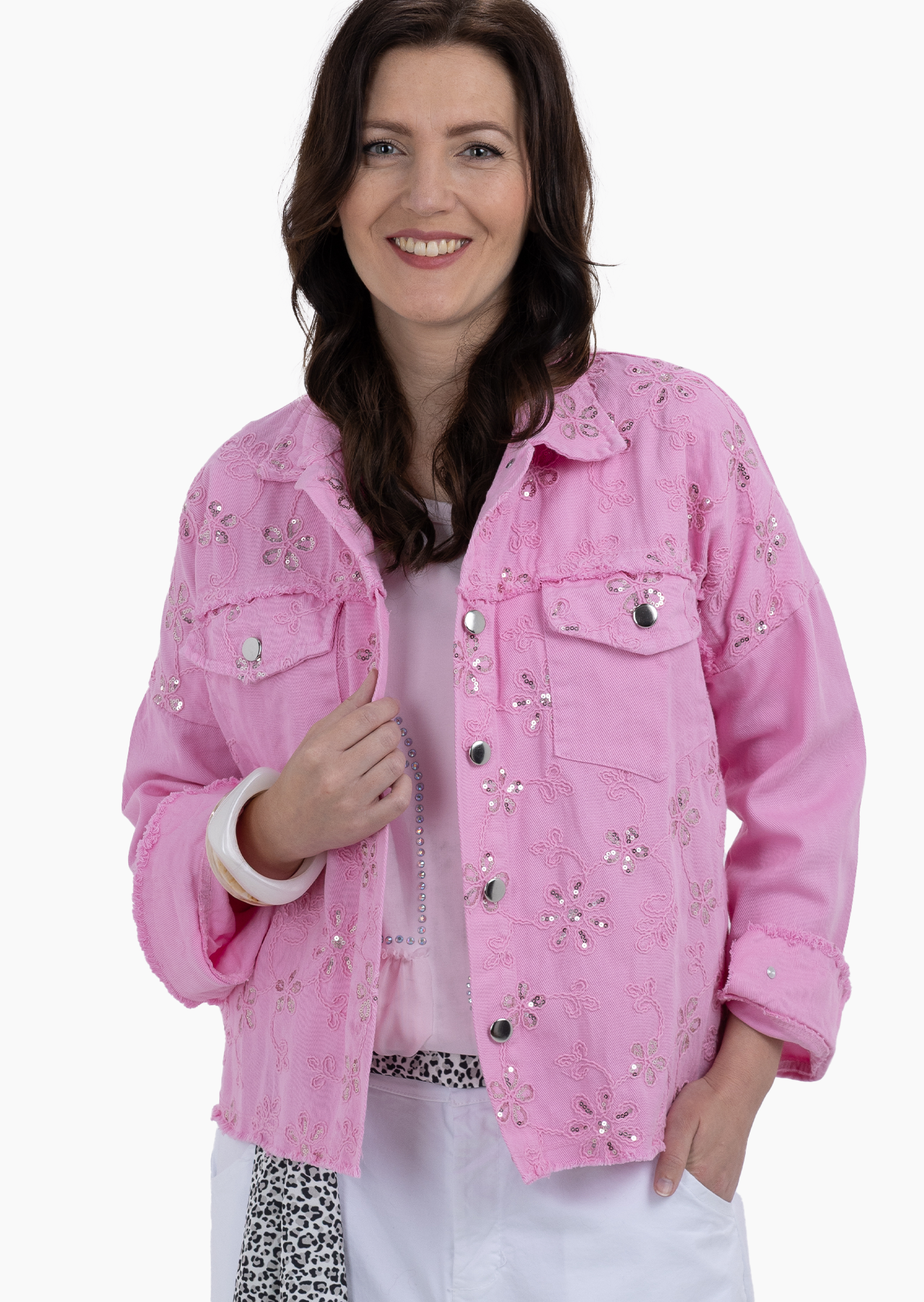 Fransige Jeansjacke mit Stickerei, mandelblüte