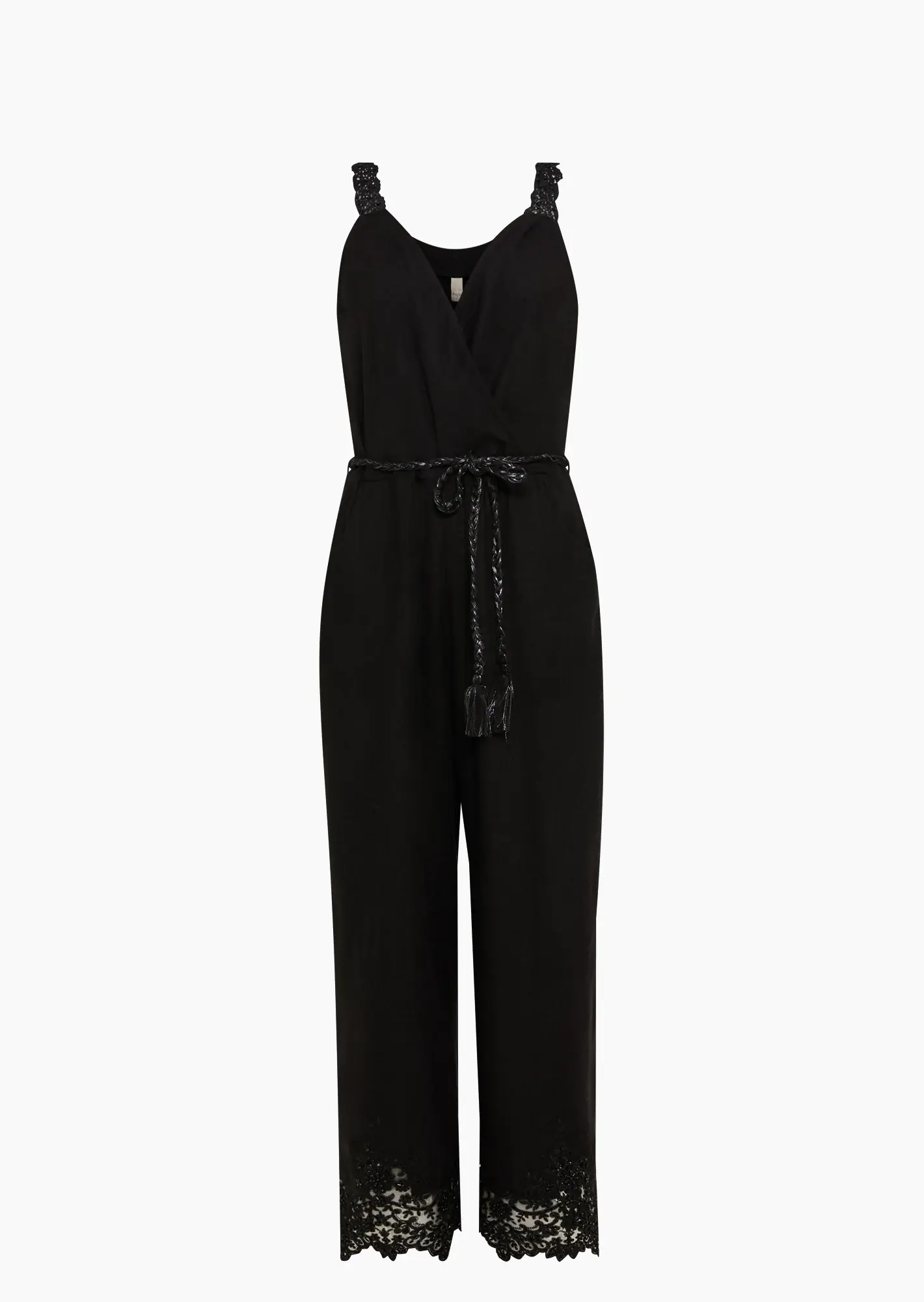 Jumpsuit im Leinenmix mit Spitze, schwarz