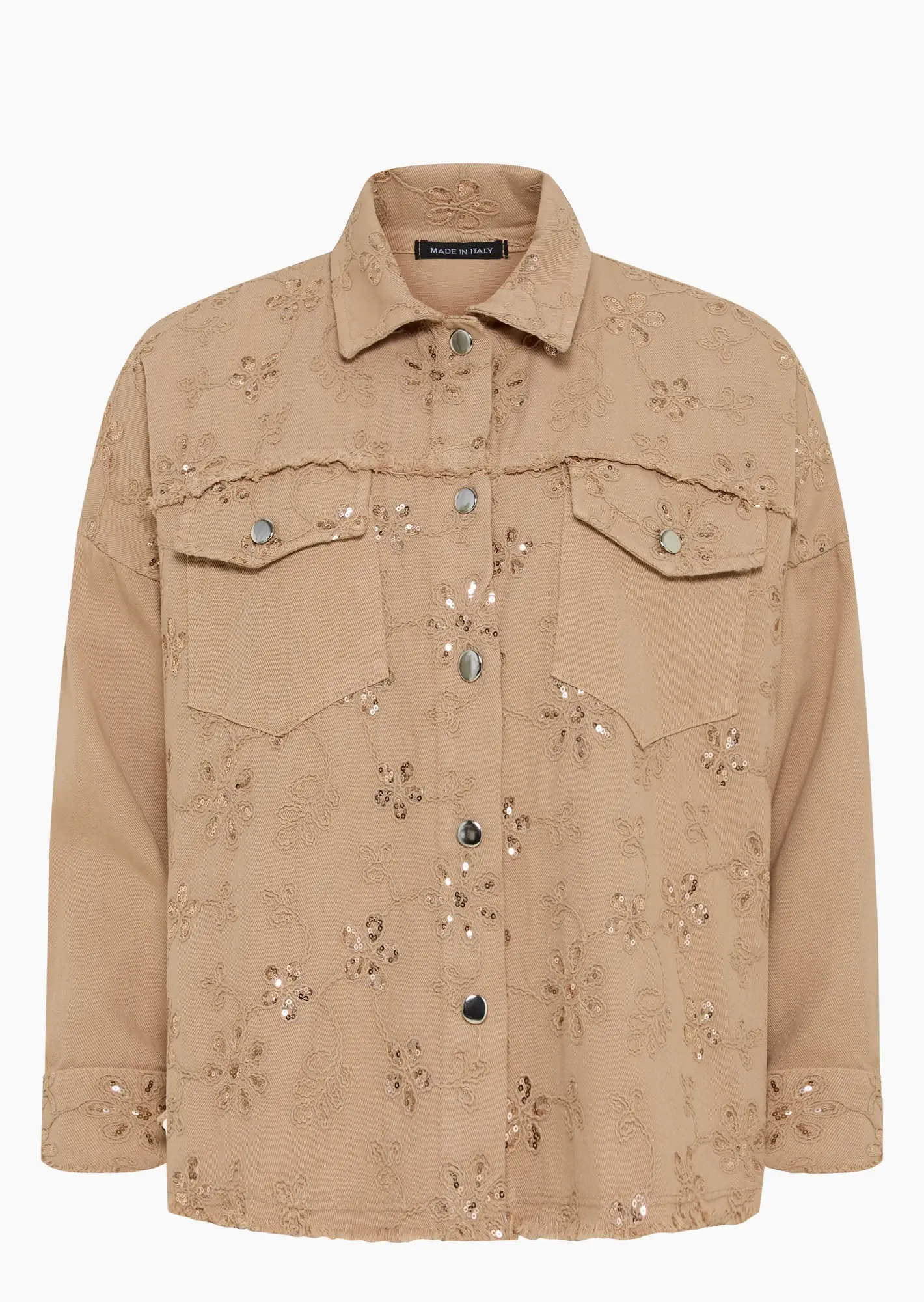 Fransige Jeansjacke mit Stickerei, caramel
