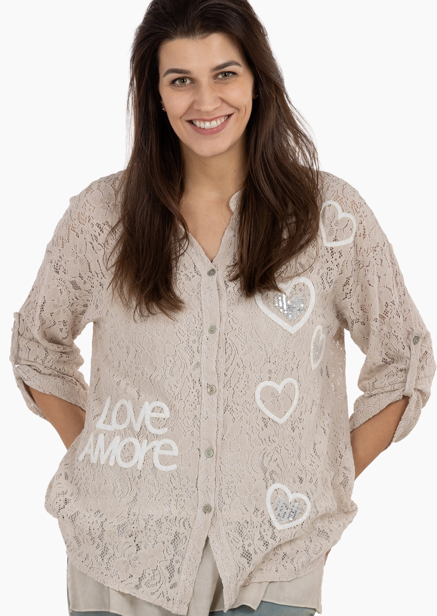Bluse mit Alloverspitze, crema