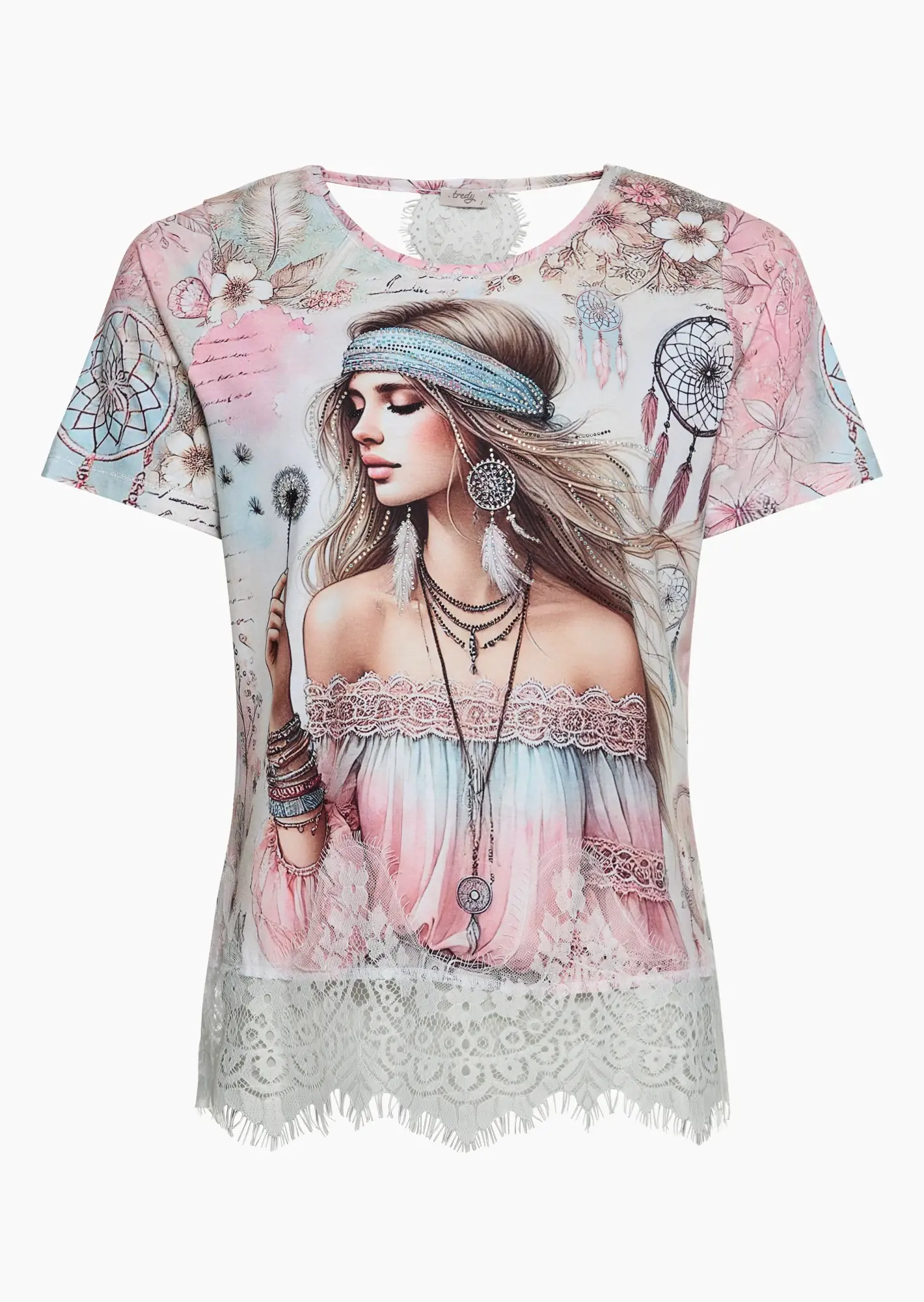 Shirt mit Ziersteinen & Spitze, rosenholz