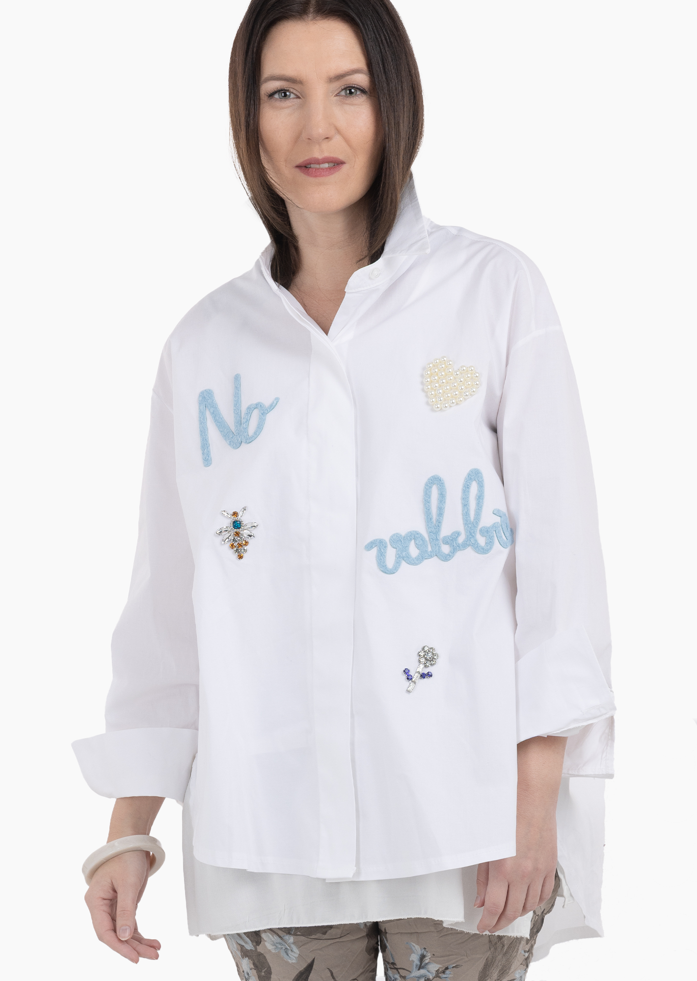 Bluse mit Perlen- und Ziersteindetails, weiß