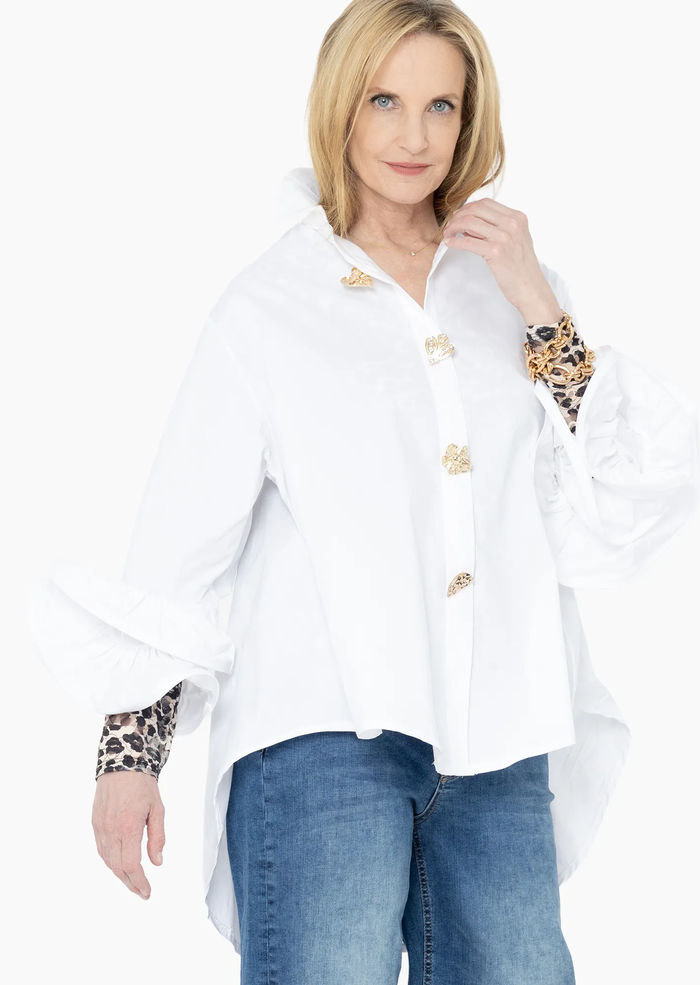 Bluse mit großen Volantärmeln, weiß