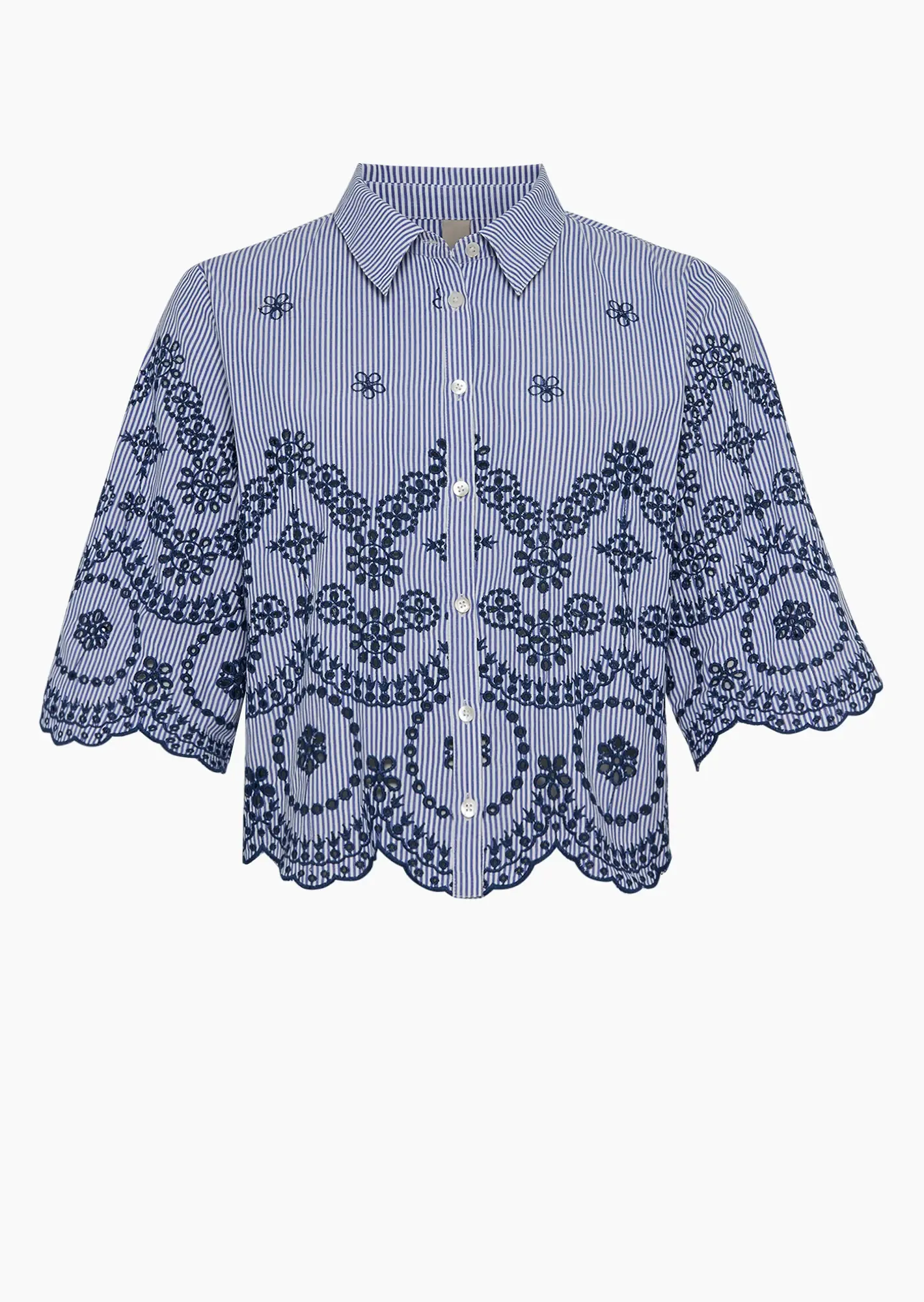 Bluse mit Lochstickerei, blau-weiß