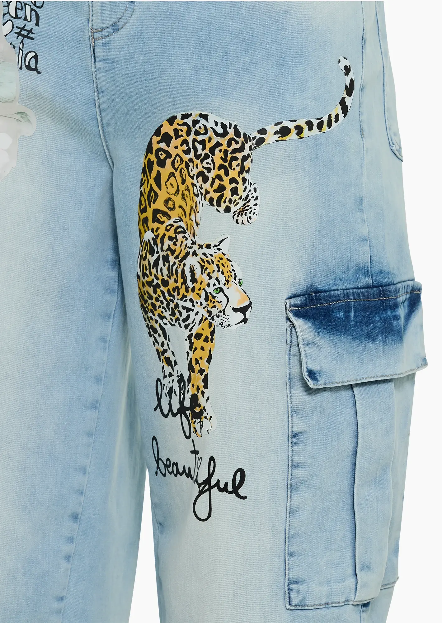 Jeans im Cargostyle mit Leopardenprint, light blue denim