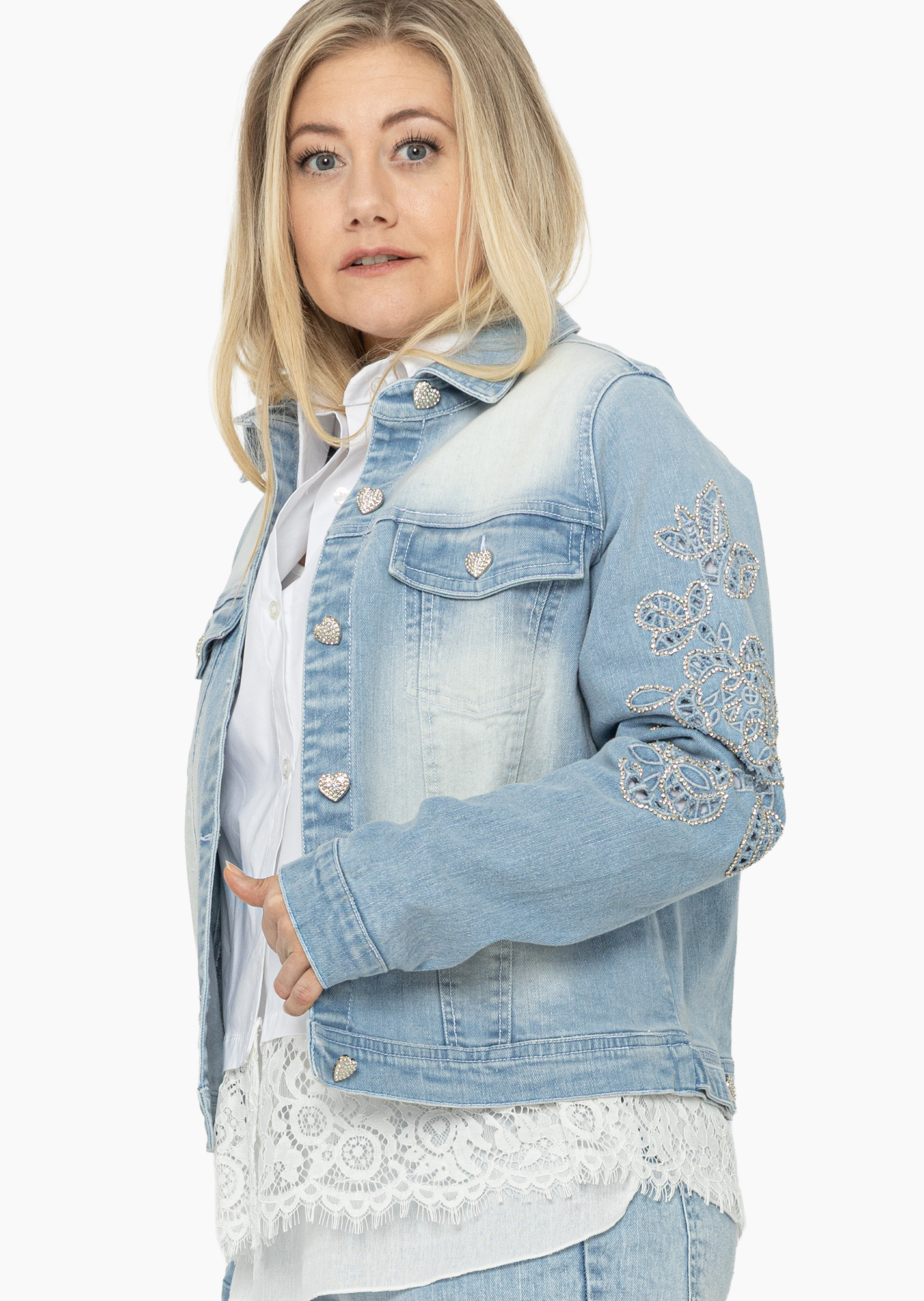 Jeansjacke mit Lochstickerei, bleached blue denim