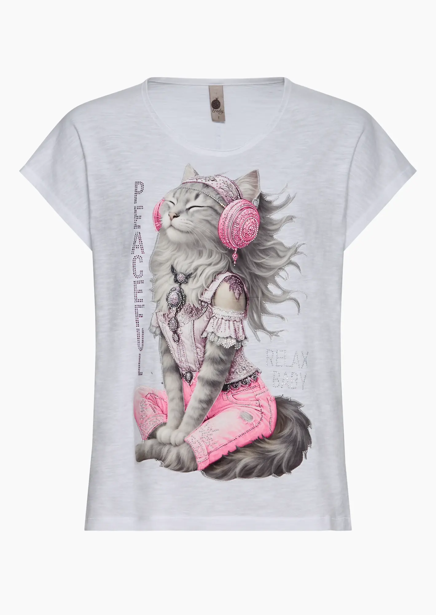 Shirt mit Katzenprint & Ziersteinen, weiß