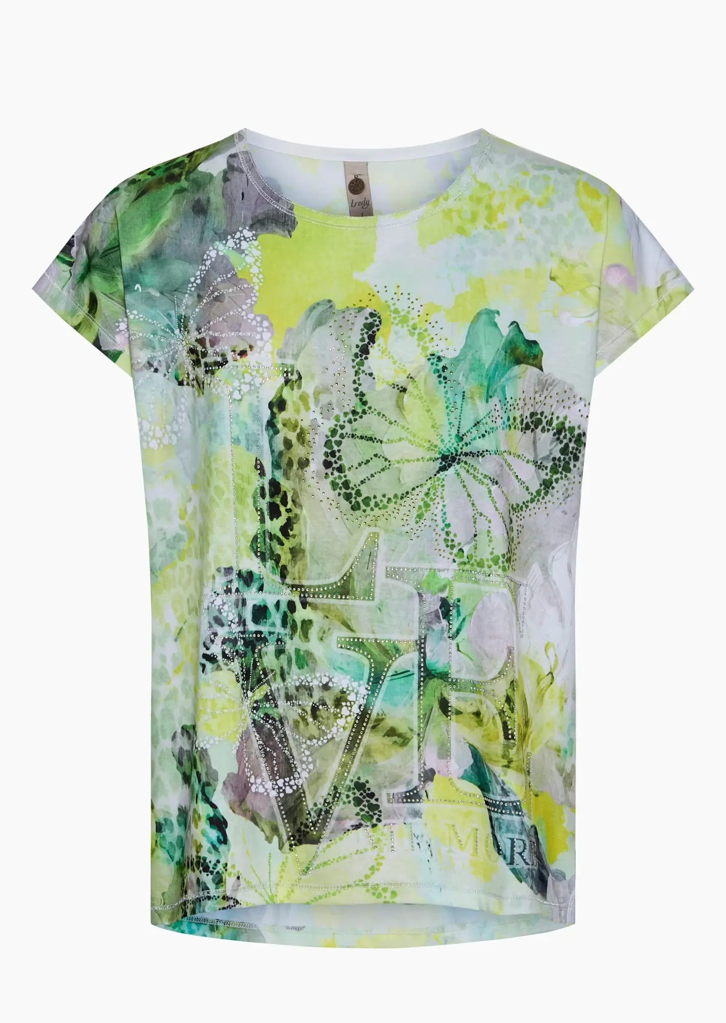Shirt mit Lettering aus Ziersteinen, grün