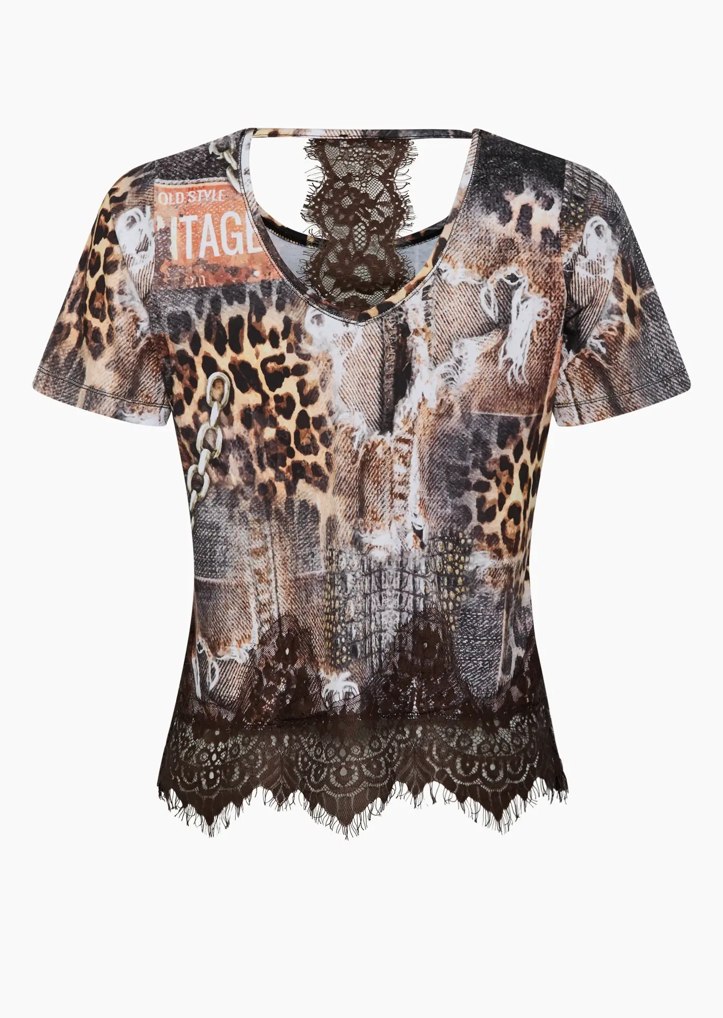 Shirt mit dekorativer Spitze im Nacken, bunt