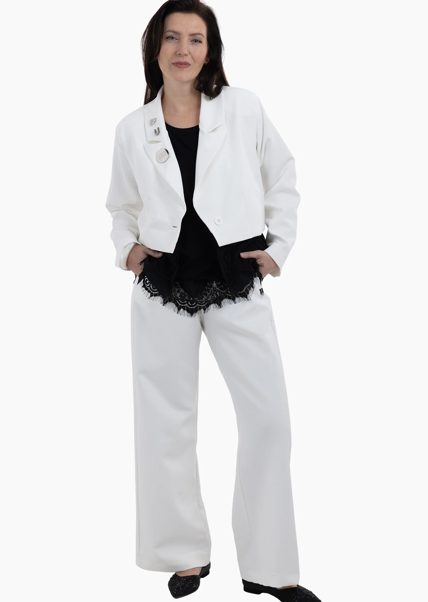Wide Leg Hose mit Zierstreifen, offwhite