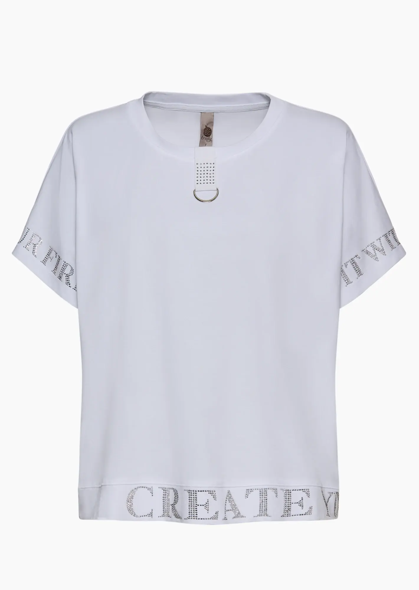 T-Shirt mit Lettering aus Ziersteinen, weiß