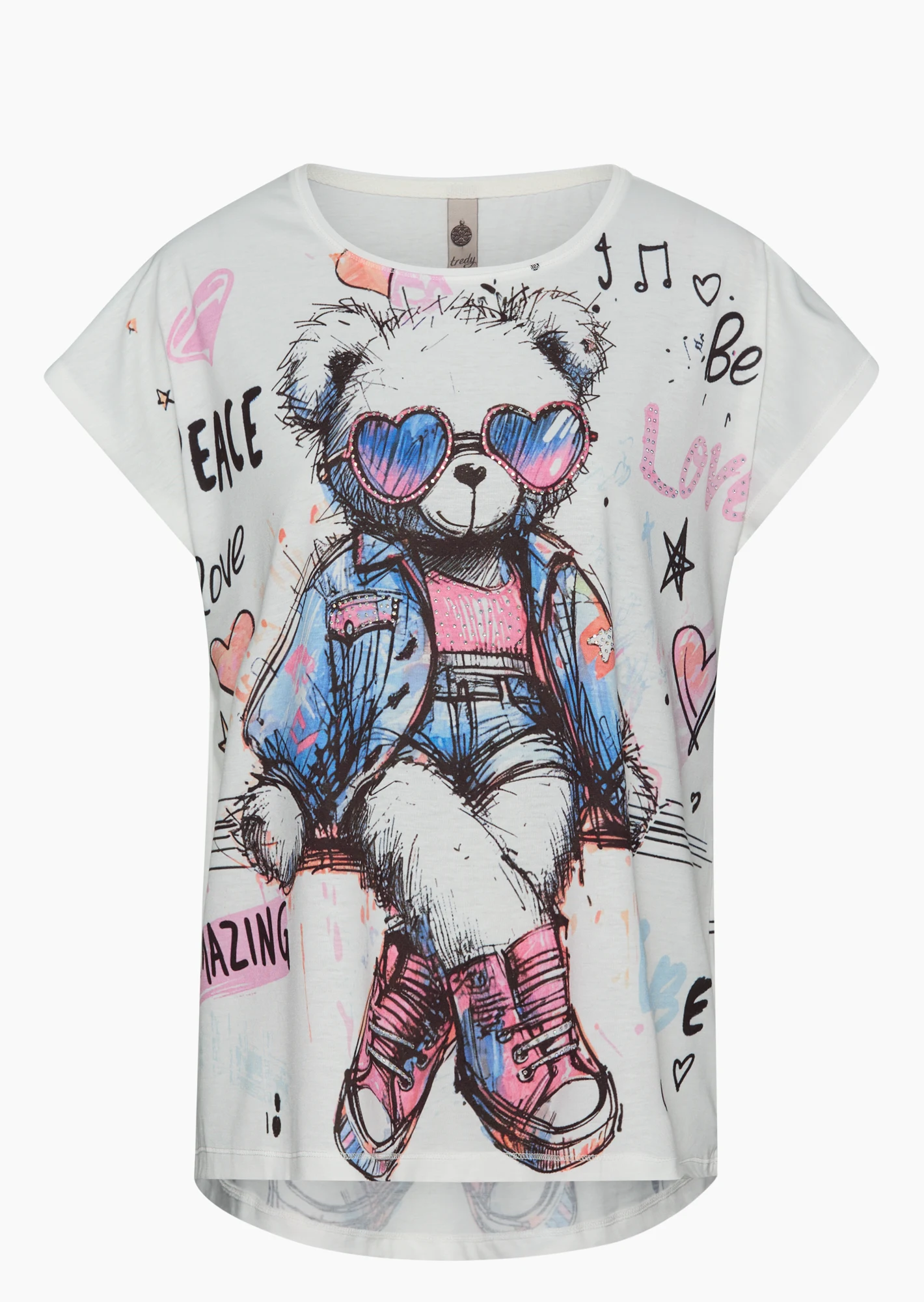 Shirt mit Print & Ziersteinen, offwhite