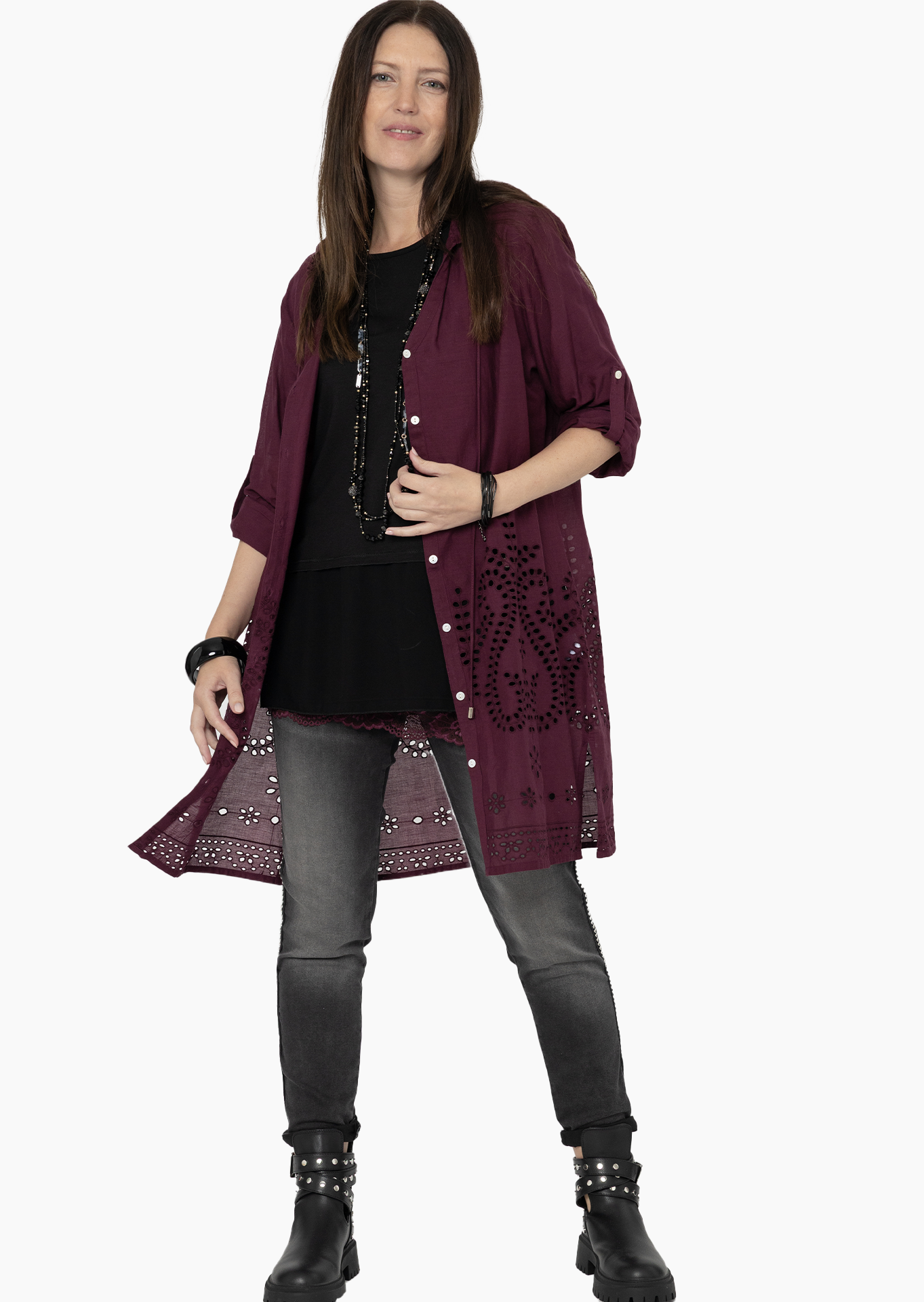 Hemdbluse mit Lochstickerei, burgund