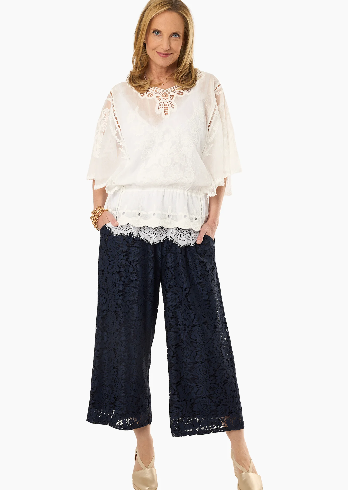 Wide Leg Spitzenhose, navy