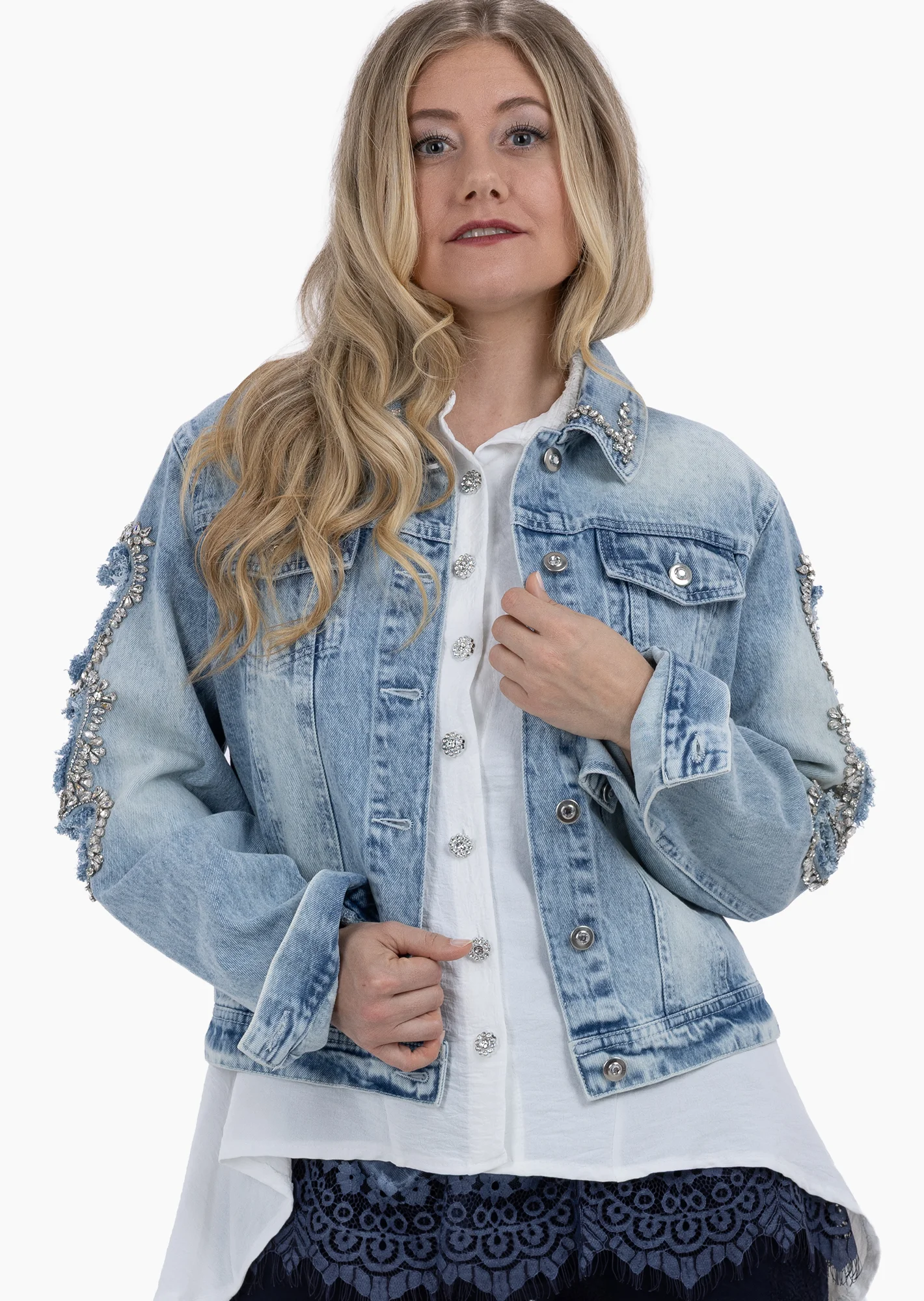 Jeansjacke mit Schmucksteinen, light blue denim