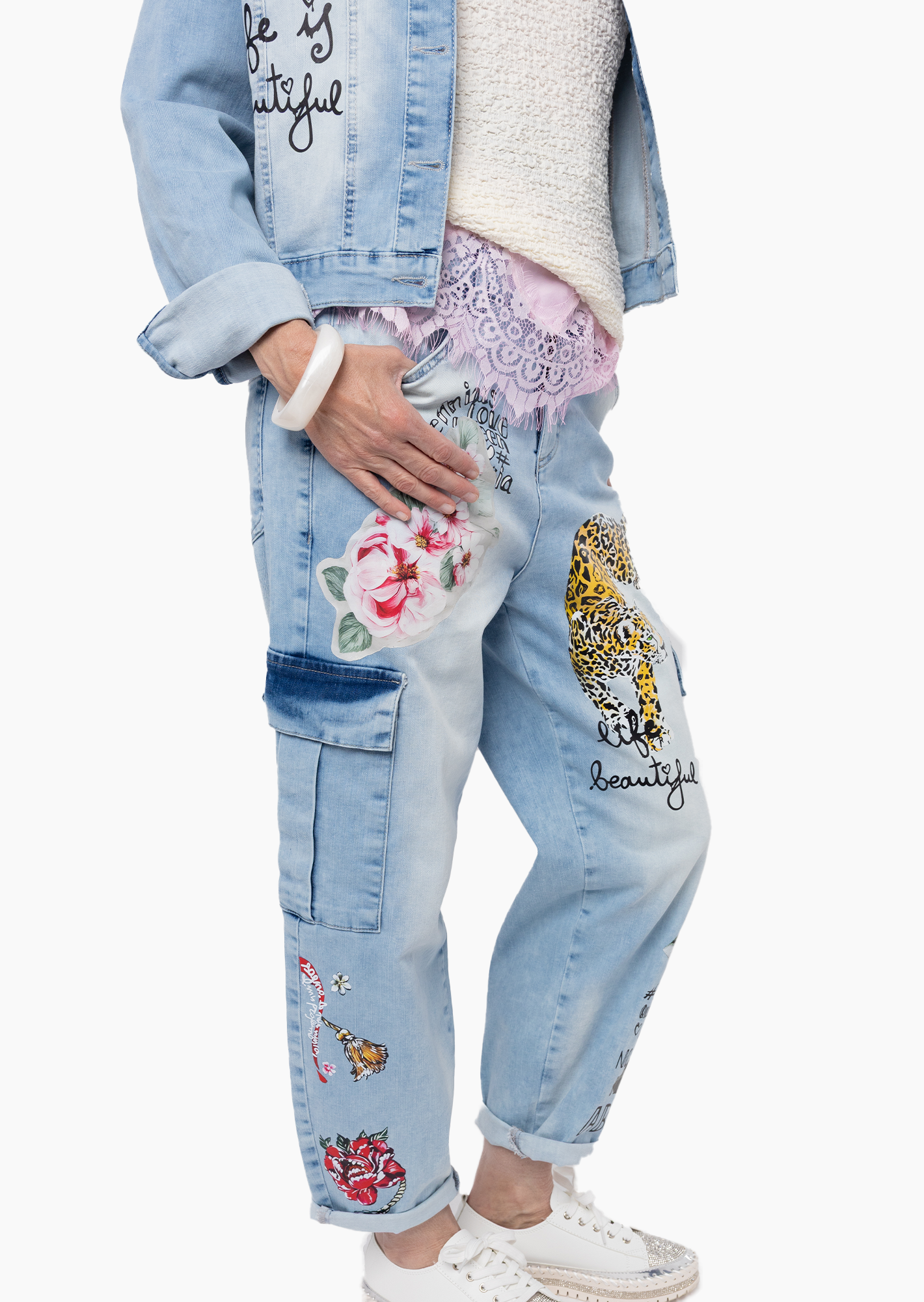 Jeans im Cargostyle mit Leopardenprint, light blue denim