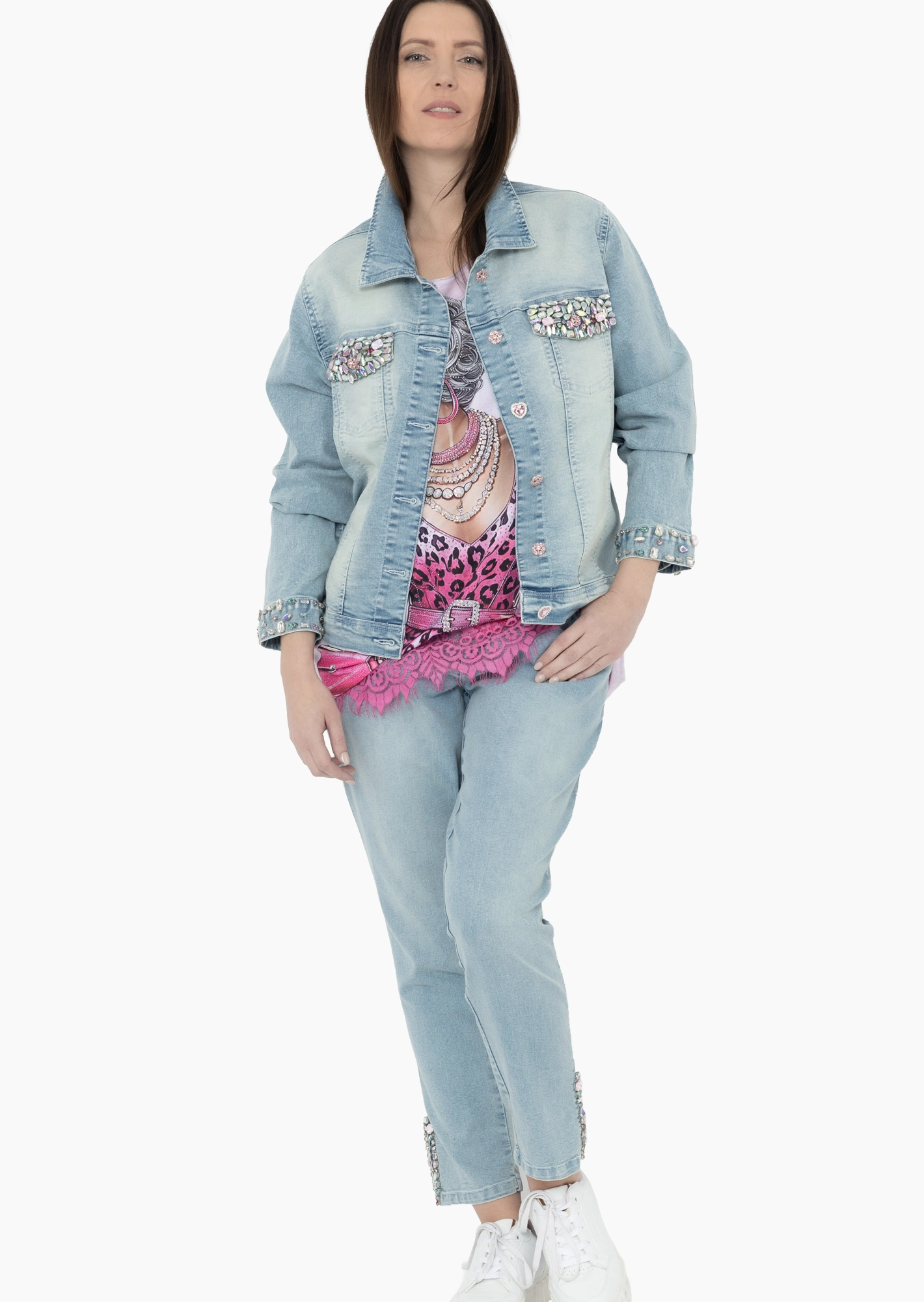 Jeans mit Ziersteinen am Beinende, light blue denim