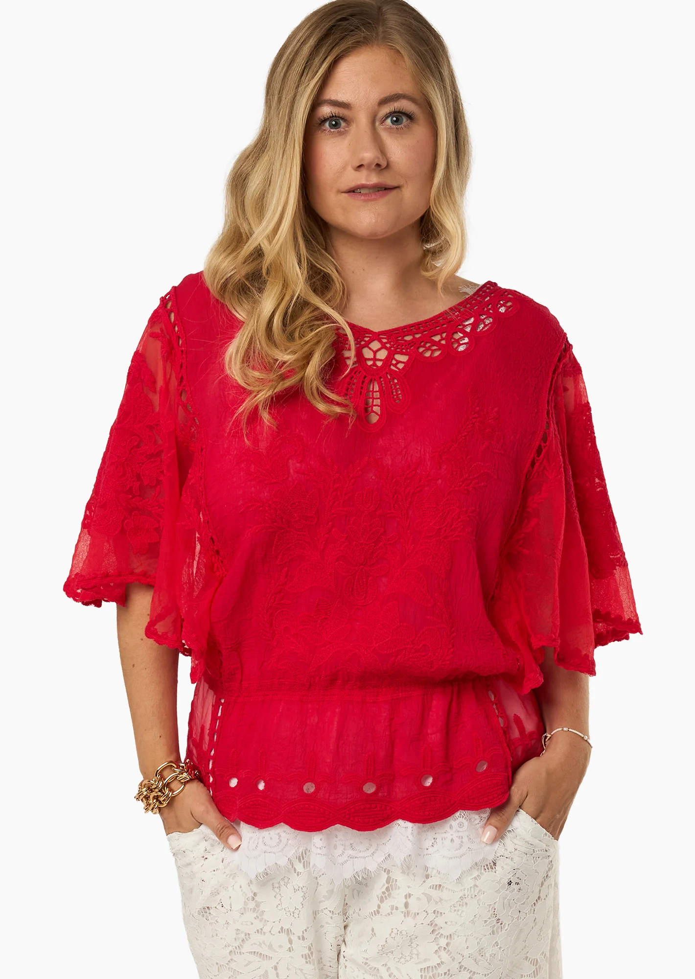 transparente Bluse mit Stickerei, tredyrot