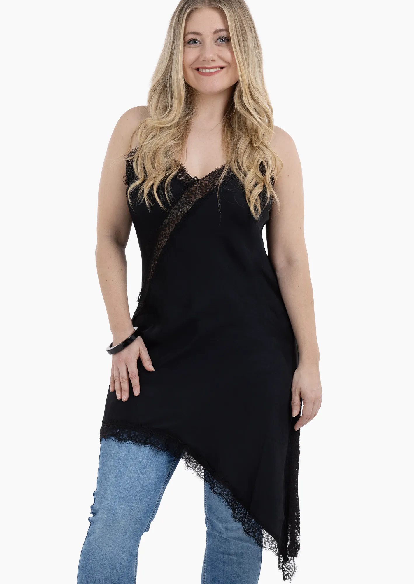 asymmetrisches Top aus Viskose-Satin, schwarz