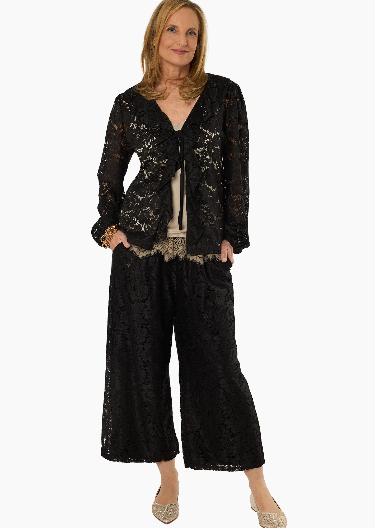 Wide Leg Spitzenhose, schwarz
