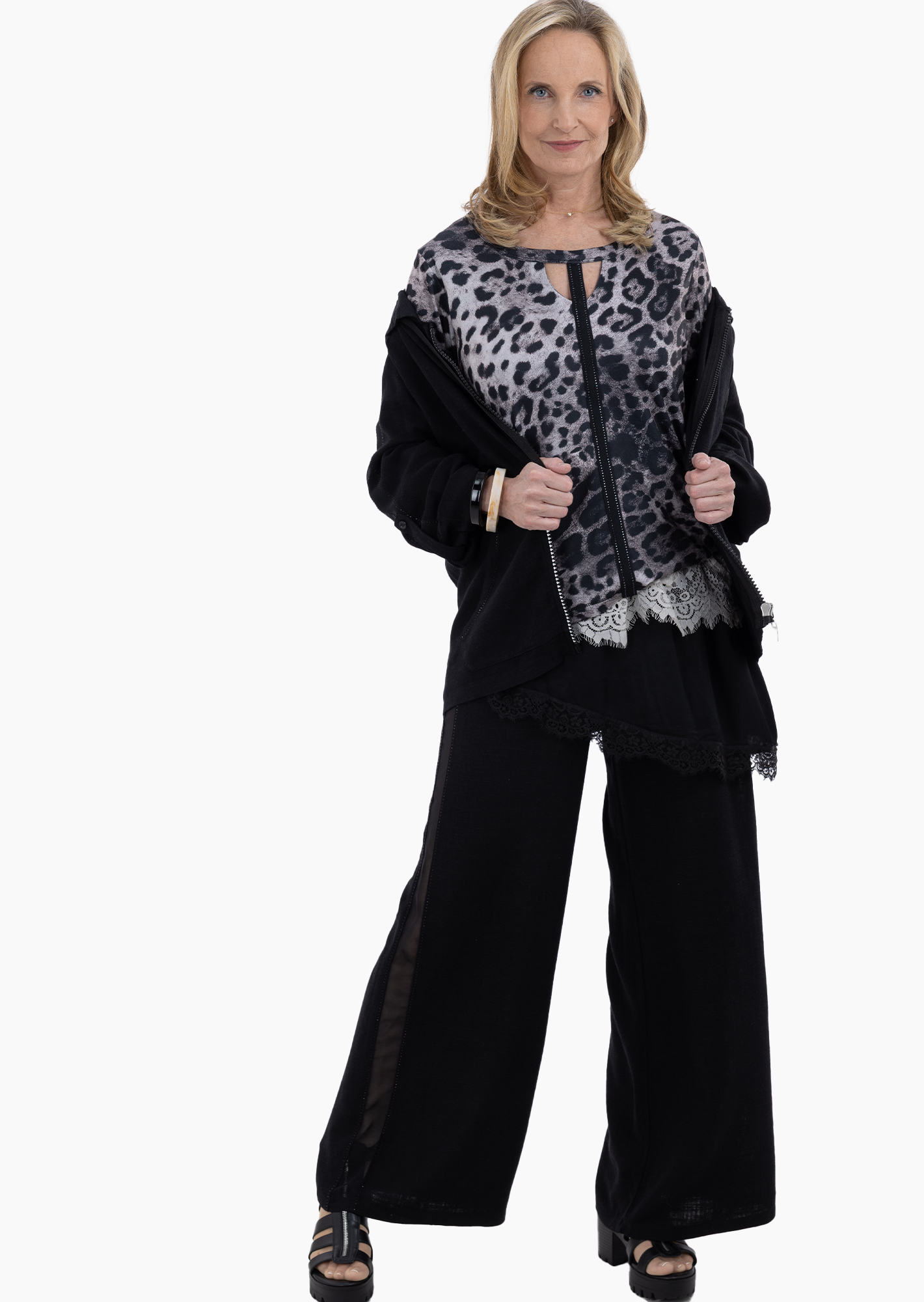 Wide Leg Leinenmixhose, schwarz