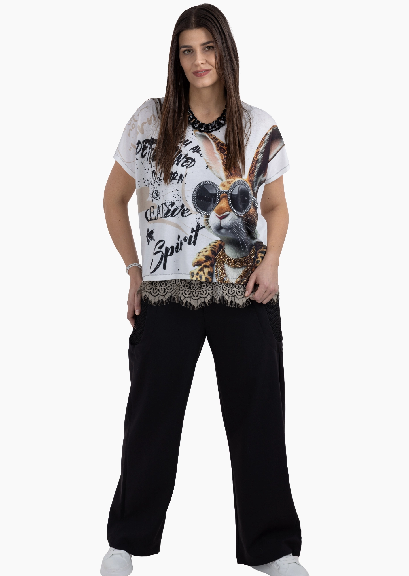 Wide Leg Hose mit Mesh, schwarz